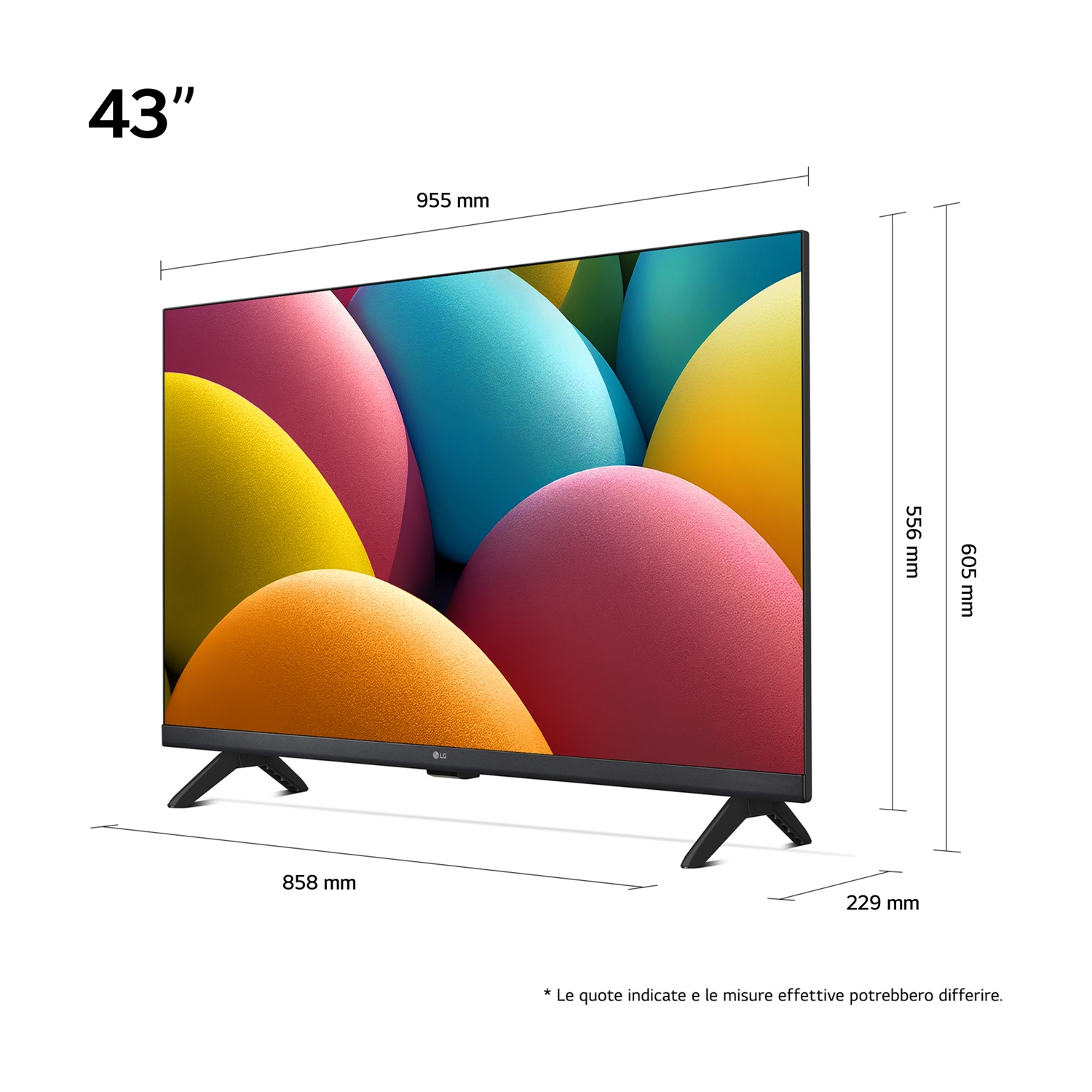 Una TV LG da 43" mostra forme astratte colorate. Dimensioni etichettate: 955mm, 858mm, 556mm, 605mm e 229mm.