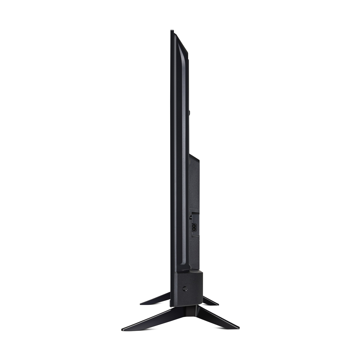 Vista laterale di una TV a schermo piatto nera su sfondo bianco. La TV ha un supporto.