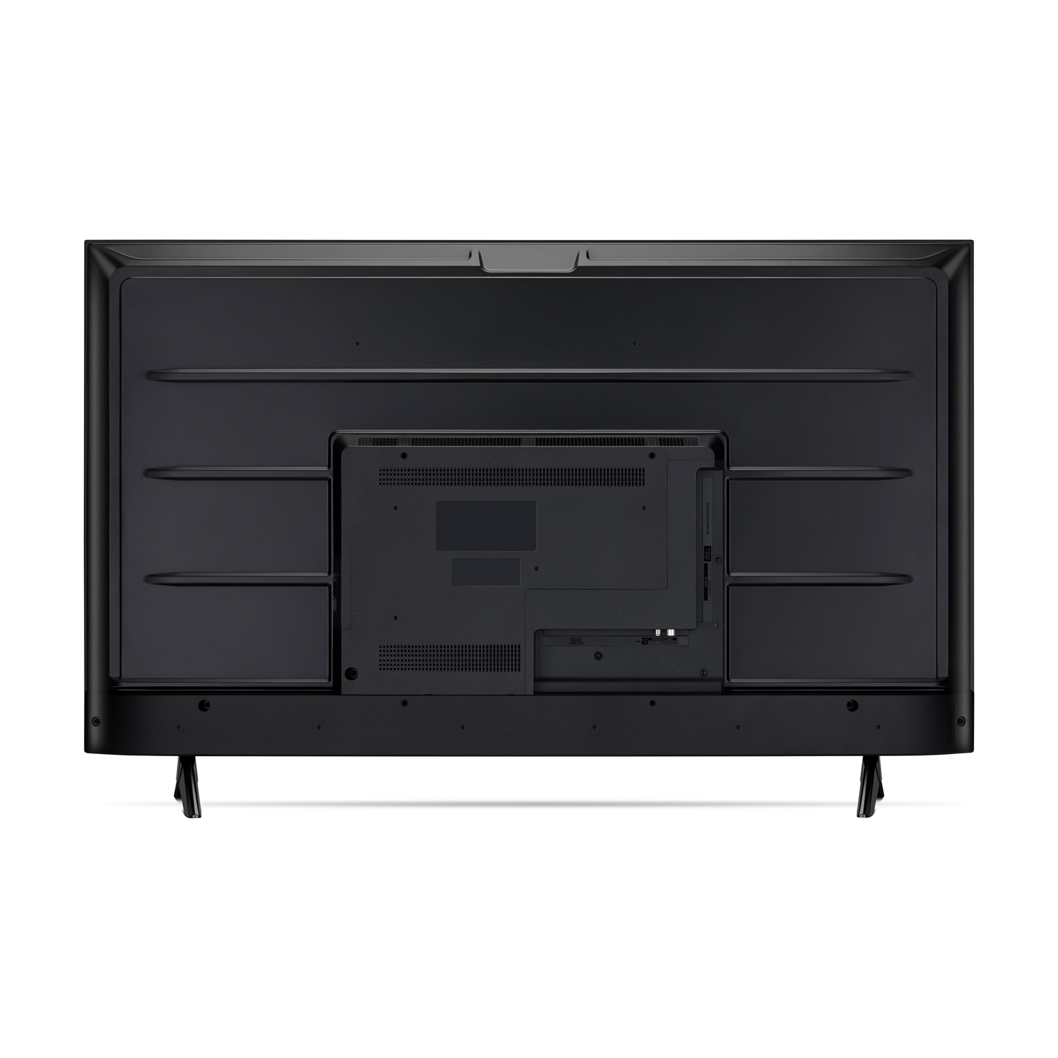 Retro di una TV nera su sfondo bianco. Include porte, prese d'aria e due gambe. La TV ha un design elegante e minimalista.