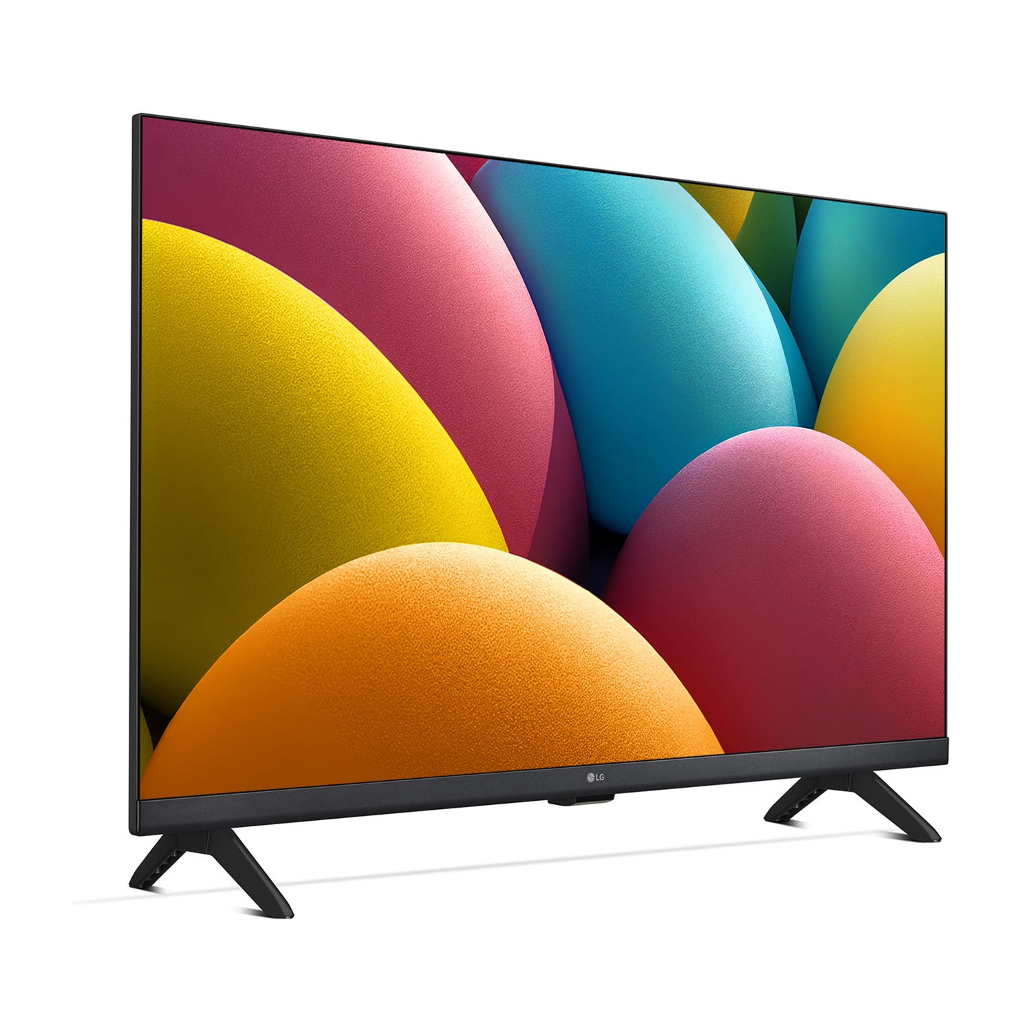 Una moderna TV LG mostra un motivo astratto colorato. È appoggiata su due gambe nere su sfondo bianco. Il logo è visibile.