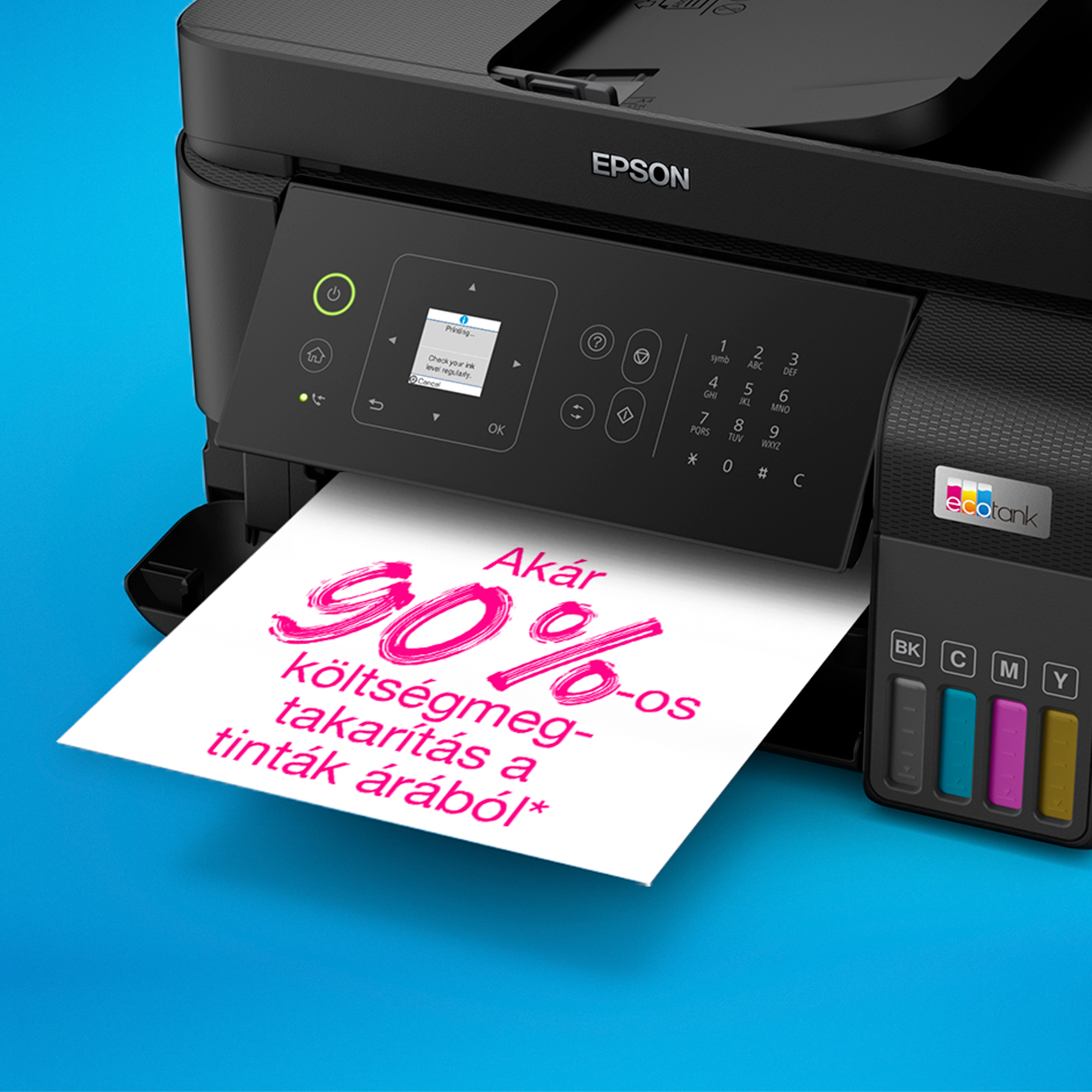 Epson nyomtató, magyar nyelvű szöveggel. A nyomtató fekete, a háttér kék.