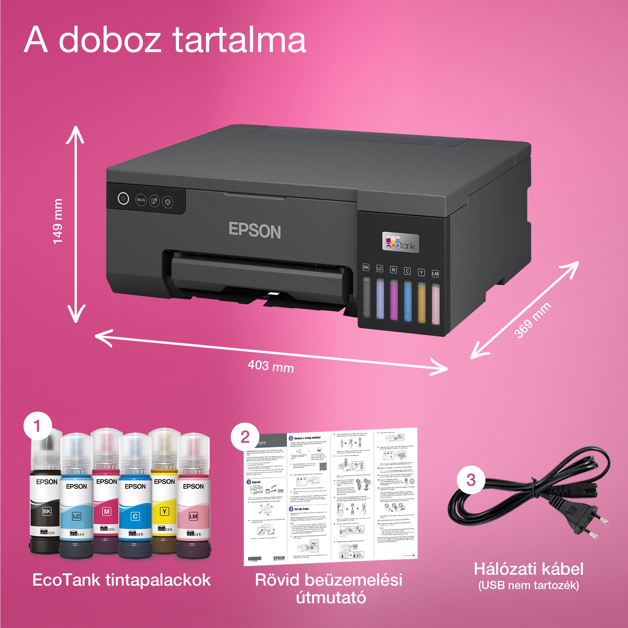 A doboz tartalma: Epson nyomtató, tintapalackok, beüzemelési útmutató és hálózati kábel. Méretek és címkék.