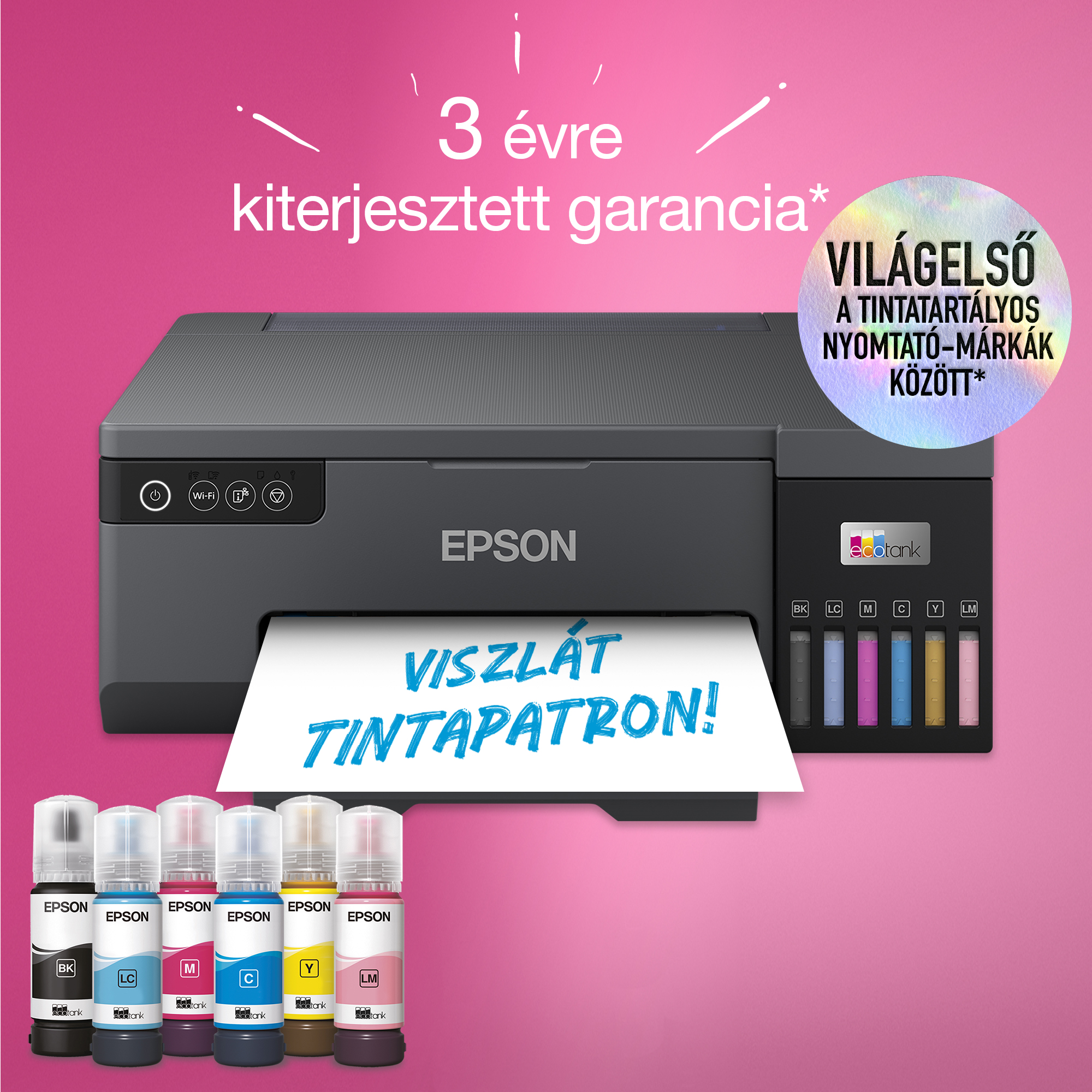 Epson nyomtató tintapalackokkal, rózsaszín háttér, garancia szöveggel és világelső márkával.