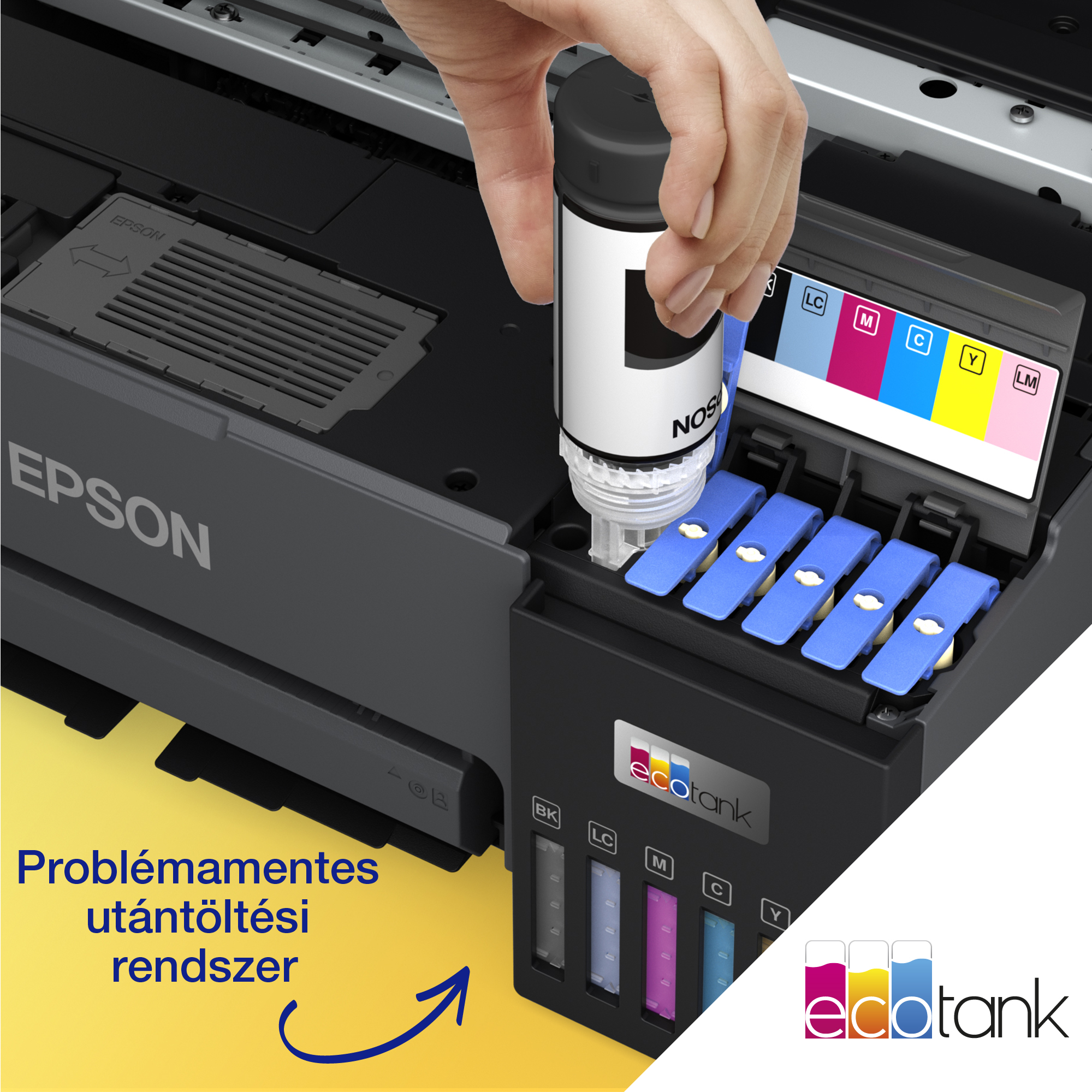 Kéz tintát önt egy Epson nyomtatóba. Látható nyomtató alkatrészek, tintapalackok és színjelzők. A jelenet jól megvilágított.