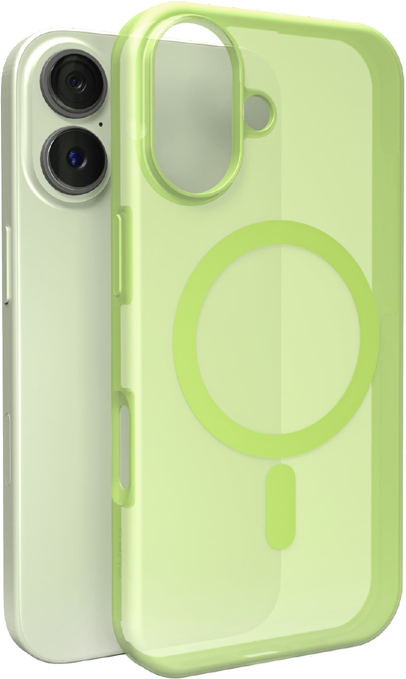 iPhone z jasnozielonym etui. Etui ma przezroczysty tył i zielony okrągły wzór.