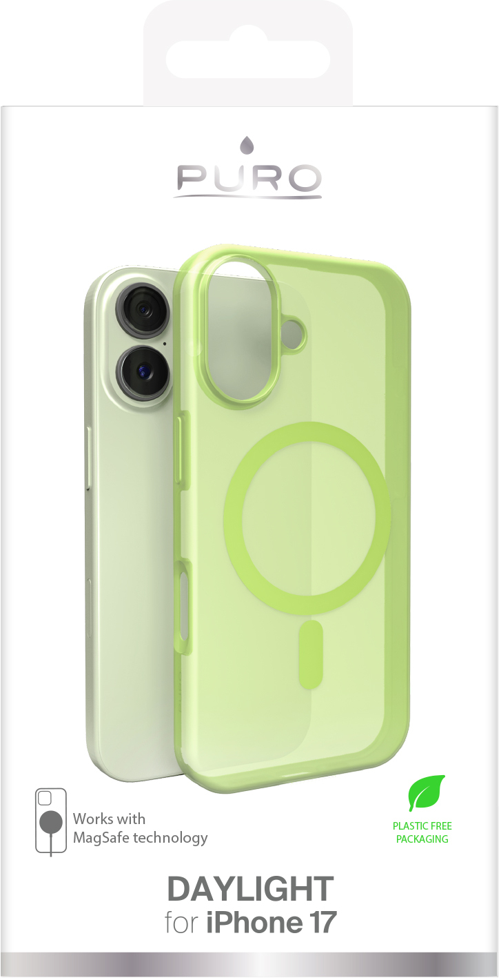 iPhone z jasnozielonym etui. Na pudełku napis 'Daylight for iPhone 17' i 'Plastic Free Packaging'.