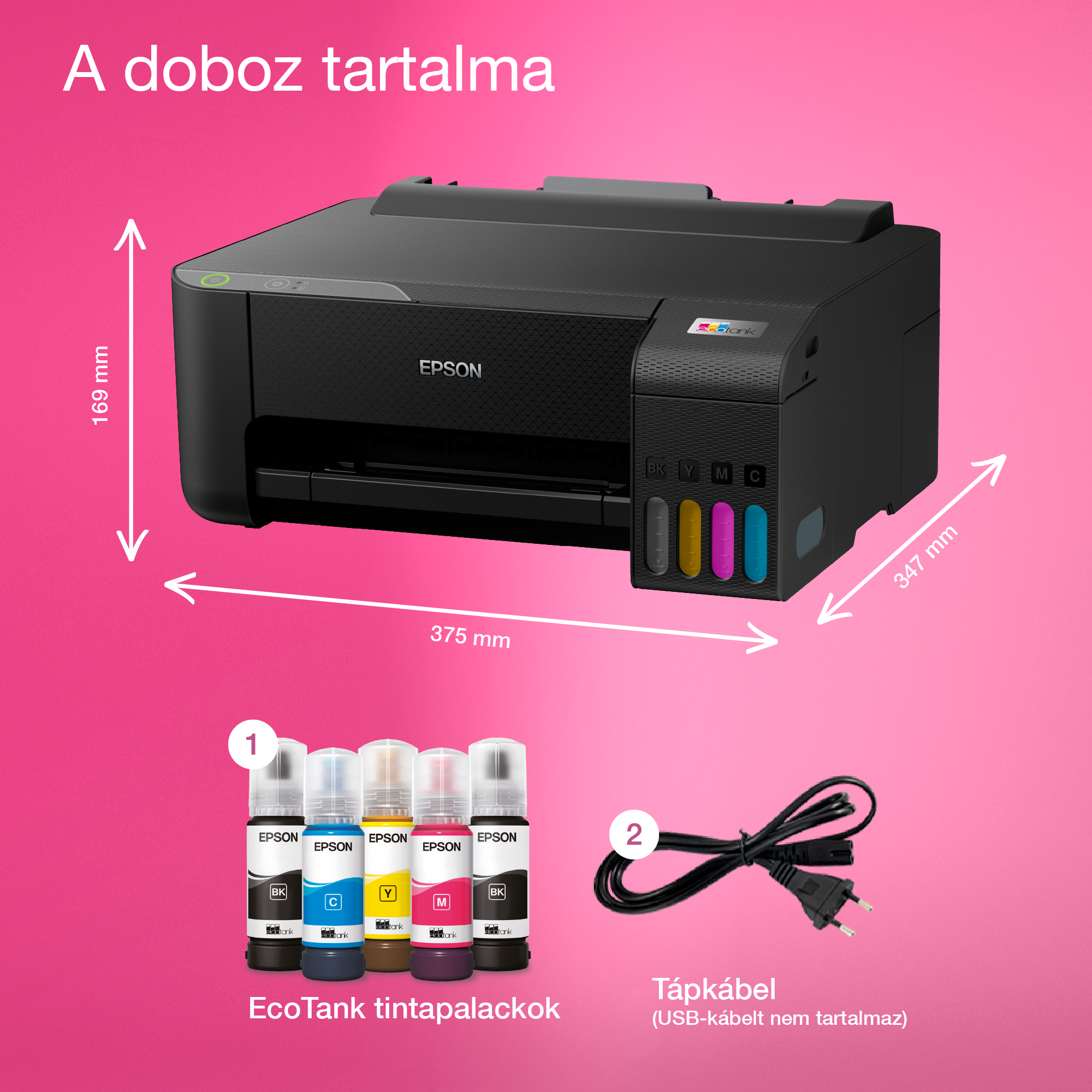 A képen Epson nyomtató, tintapalackok és tápkábel látható rózsaszín háttéren, méretekkel.