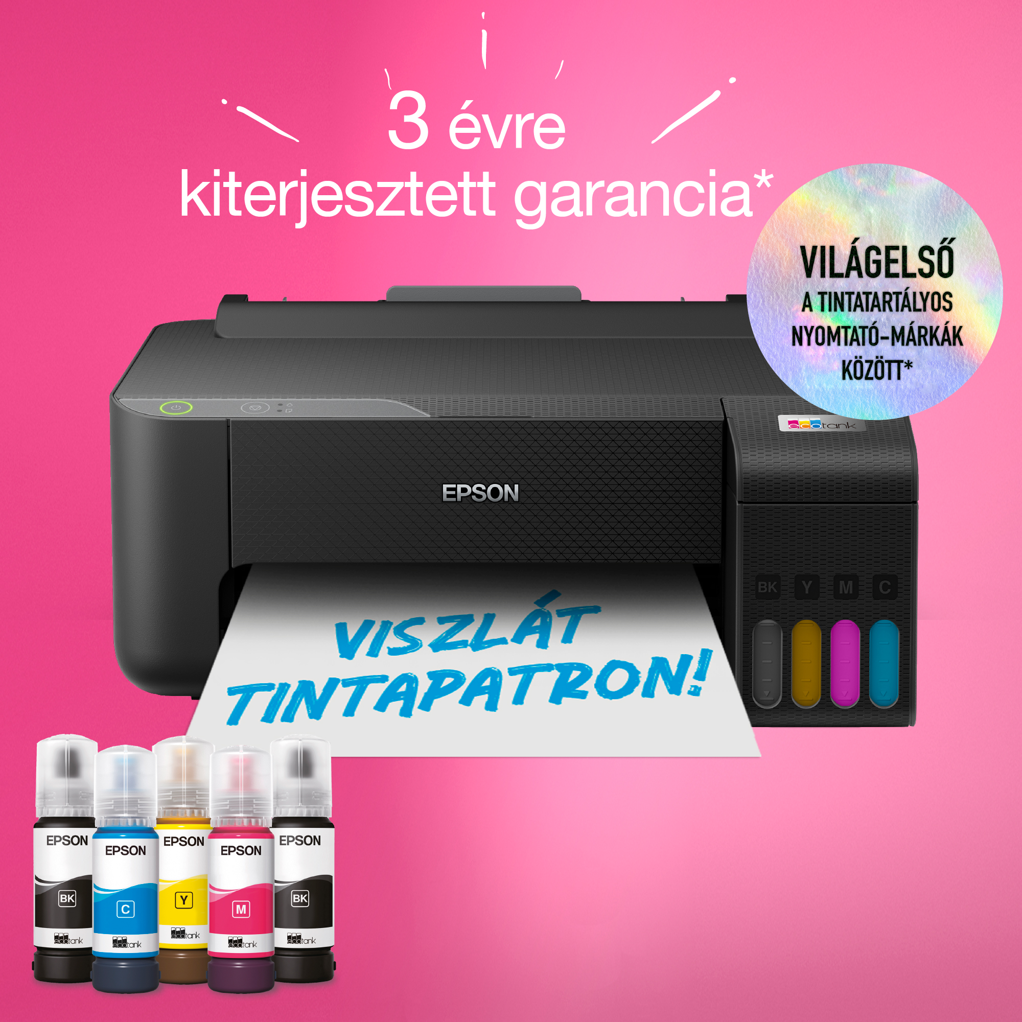 Epson nyomtató tintapalackokkal, magyar nyelvű szöveggel és rózsaszín háttérrel. A nyomtató fekete.