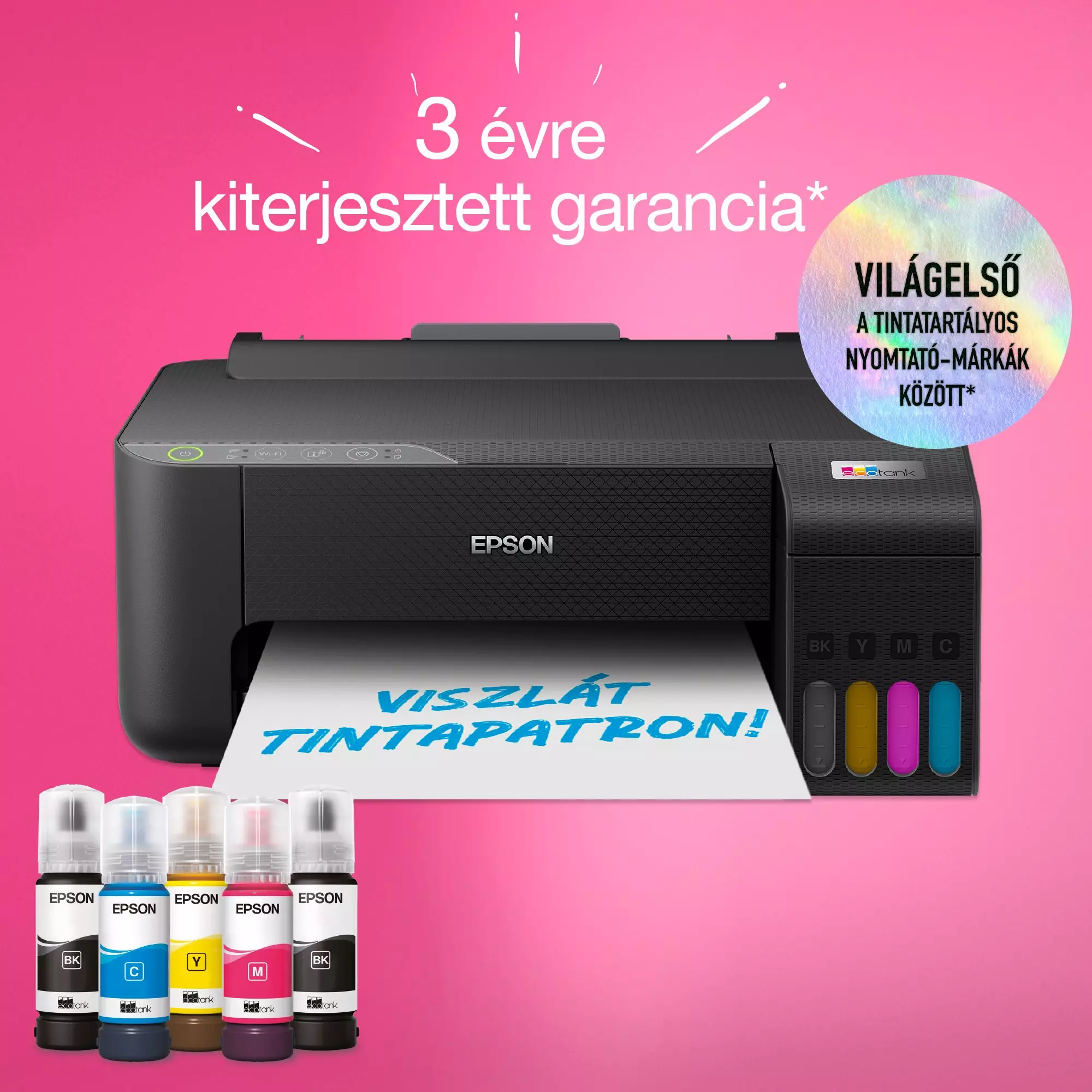 Epson nyomtató tintásüvegekkel. Rózsaszín háttér. Szöveg: 3 év garancia, a világ vezető nyomtató márkája.