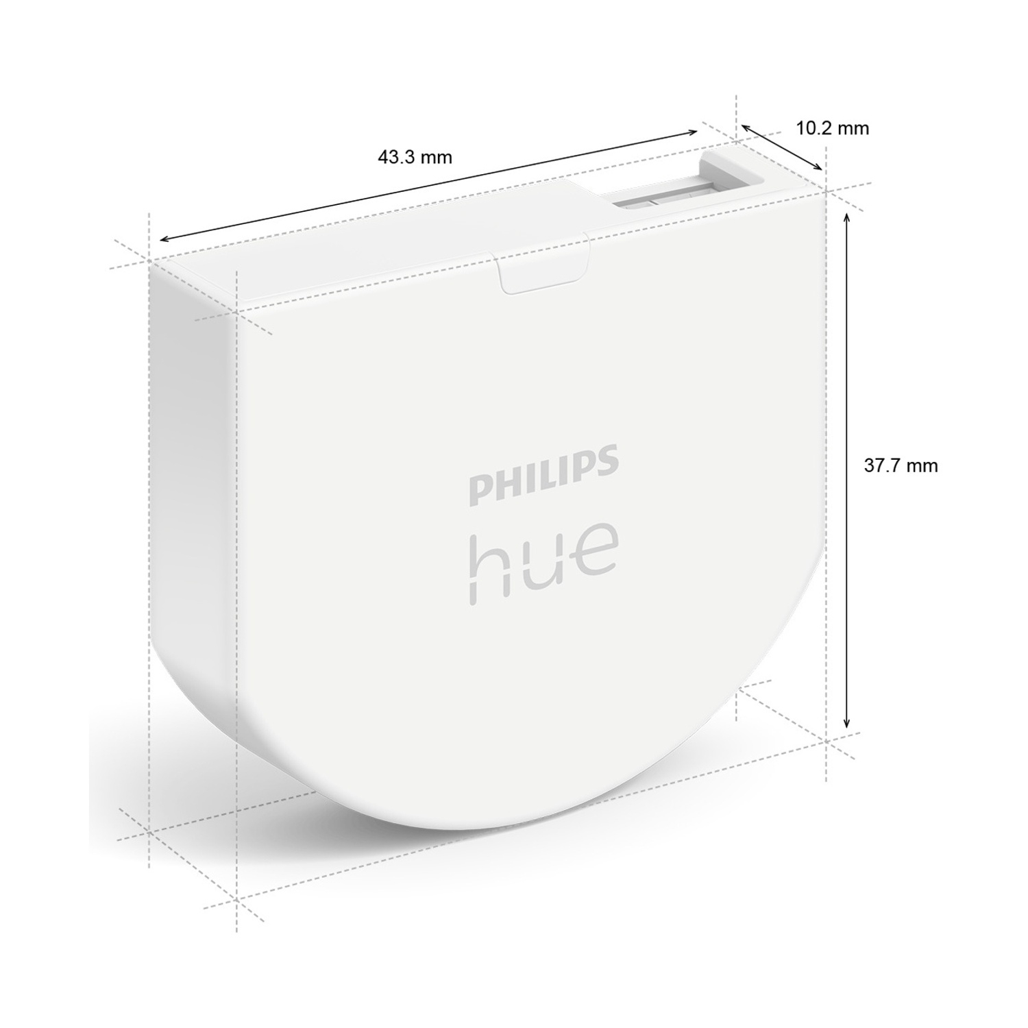 Dispositivo Philips Hue bianco. Sono indicate le misure: 43,3 mm, 10,2 mm e 37,7 mm. Il logo Hue è visibile.