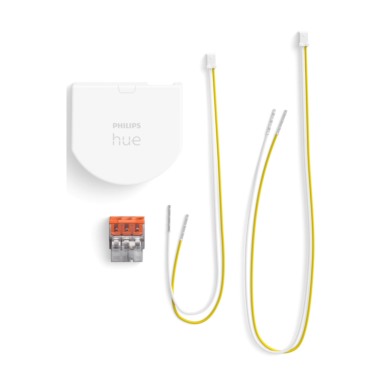 Dispositivo Philips Hue bianco, connettori per cavi arancioni e fili giallo/bianchi su sfondo bianco.