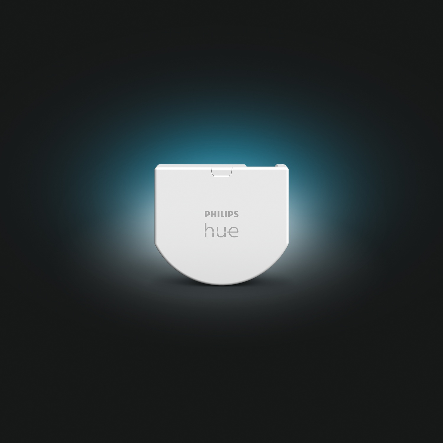 Un dispositivo Philips Hue bianco, quadrato con fondo arrotondato, su sfondo sfumato nero e blu.