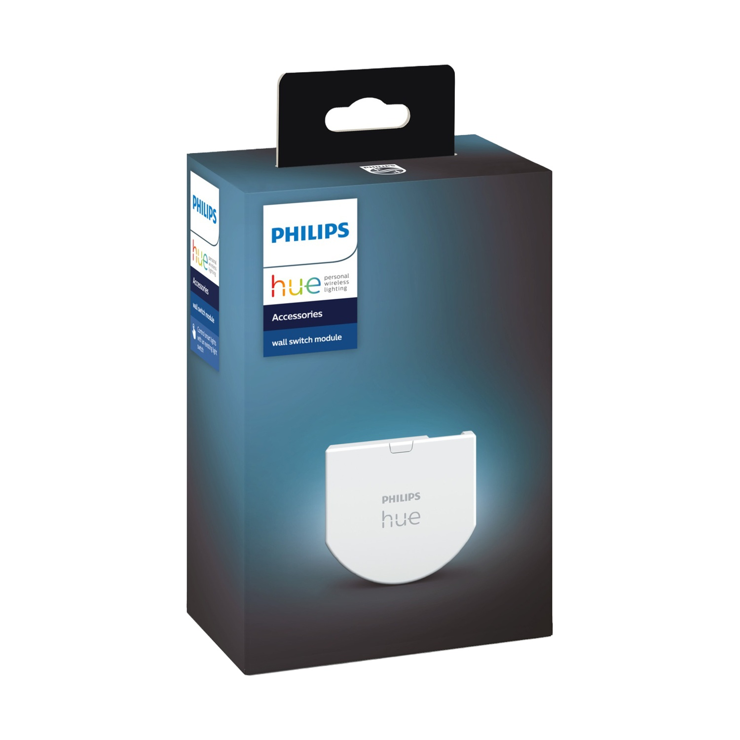 Una scatola di accessori Philips Hue. È blu scuro con un modulo interruttore a parete Hue bianco sul davanti. La scatola ha una maniglia nera.