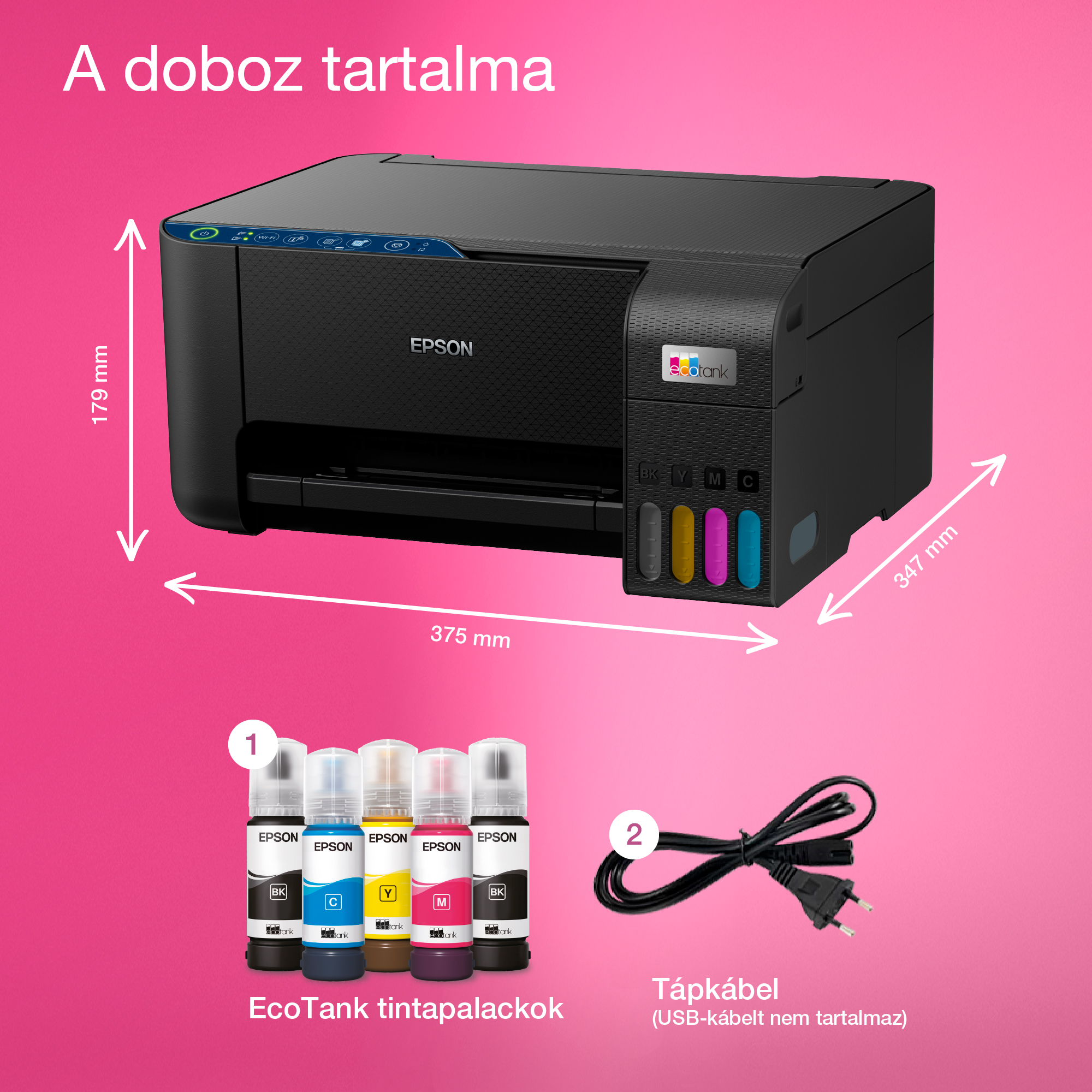 A képen egy Epson nyomtató látható tintapalackokkal és tápkábellel rózsaszín háttér előtt. Méretekkel ellátva.