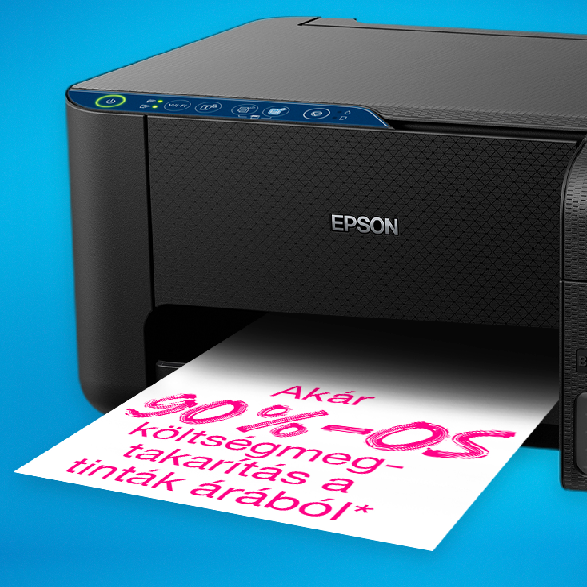 Egy Epson nyomtató kinyomtat egy papírt, amin tintamegtakarításról szóló szöveg van. A háttér kék.