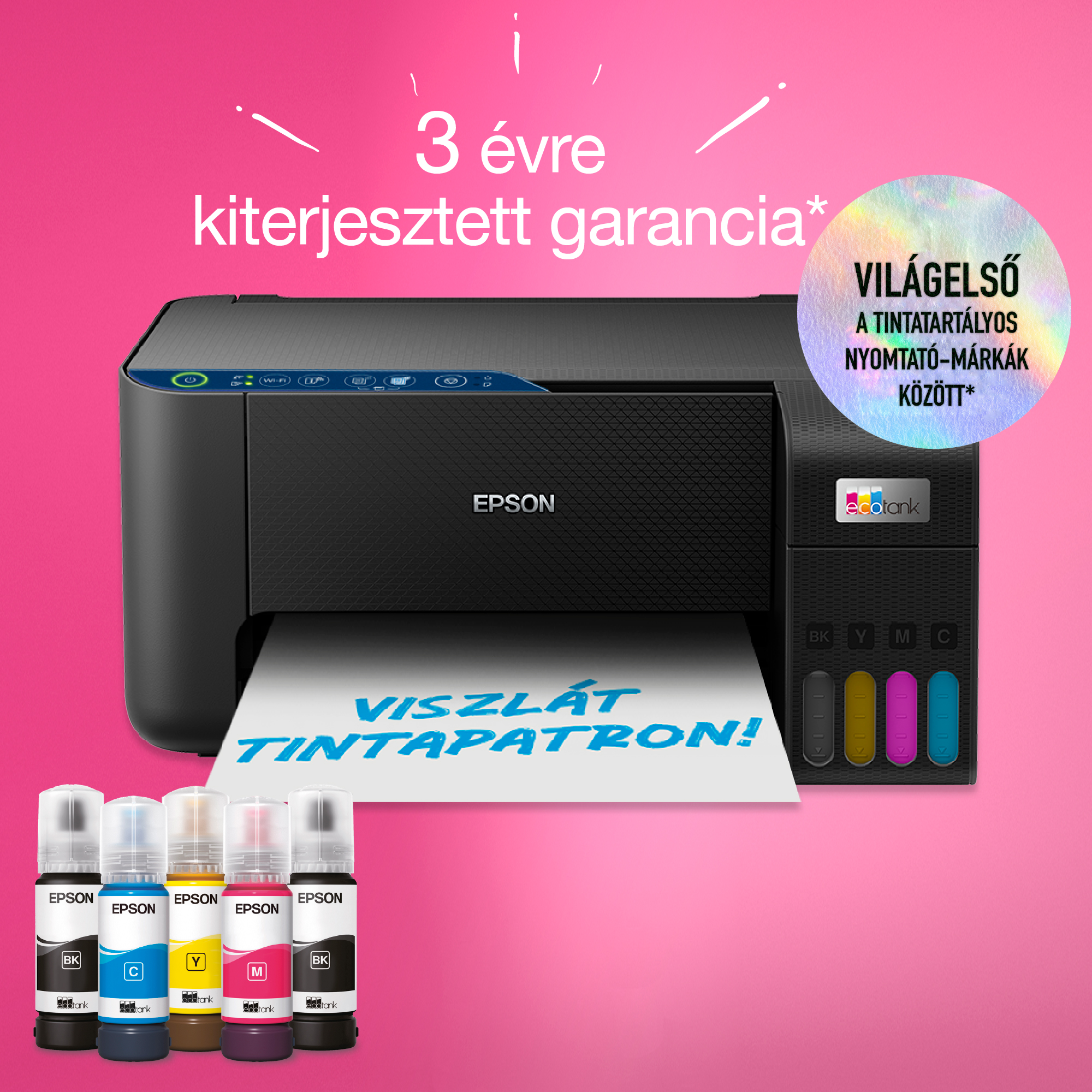Epson nyomtató tintapalackokkal, papírral, és a szöveg: 3 év kiterjesztett garancia. Viszlát tintapatron!