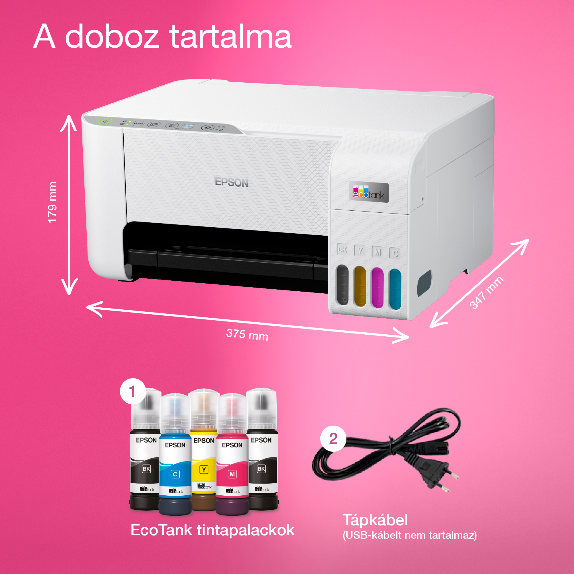 A képen egy Epson nyomtató látható, a tartozékokkal: tintapalackok és egy tápkábel. Méretek a nyomtatón feltüntetve.
