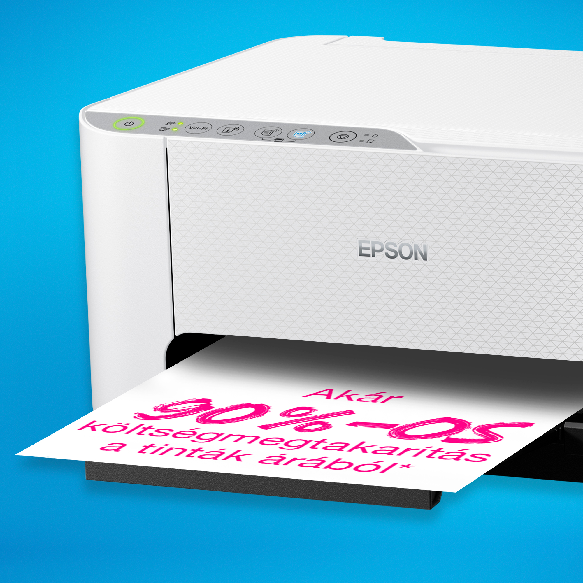 Fehér Epson nyomtató, nyomtatott papírral, amely megtakarítási akciót mutat. A háttér kék.