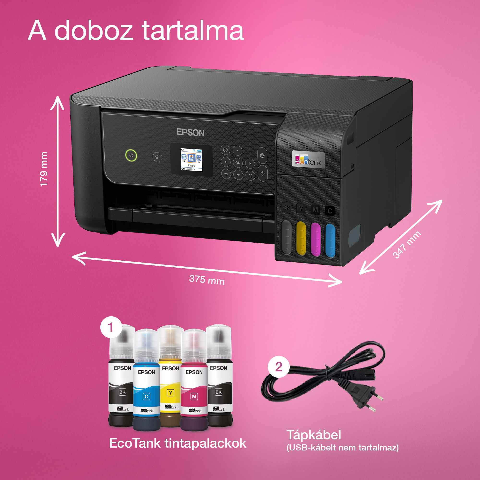 Egy Epson nyomtató tintapalackokkal és tápkábellel látható. Méretek jelölve. A felirat magyarul.