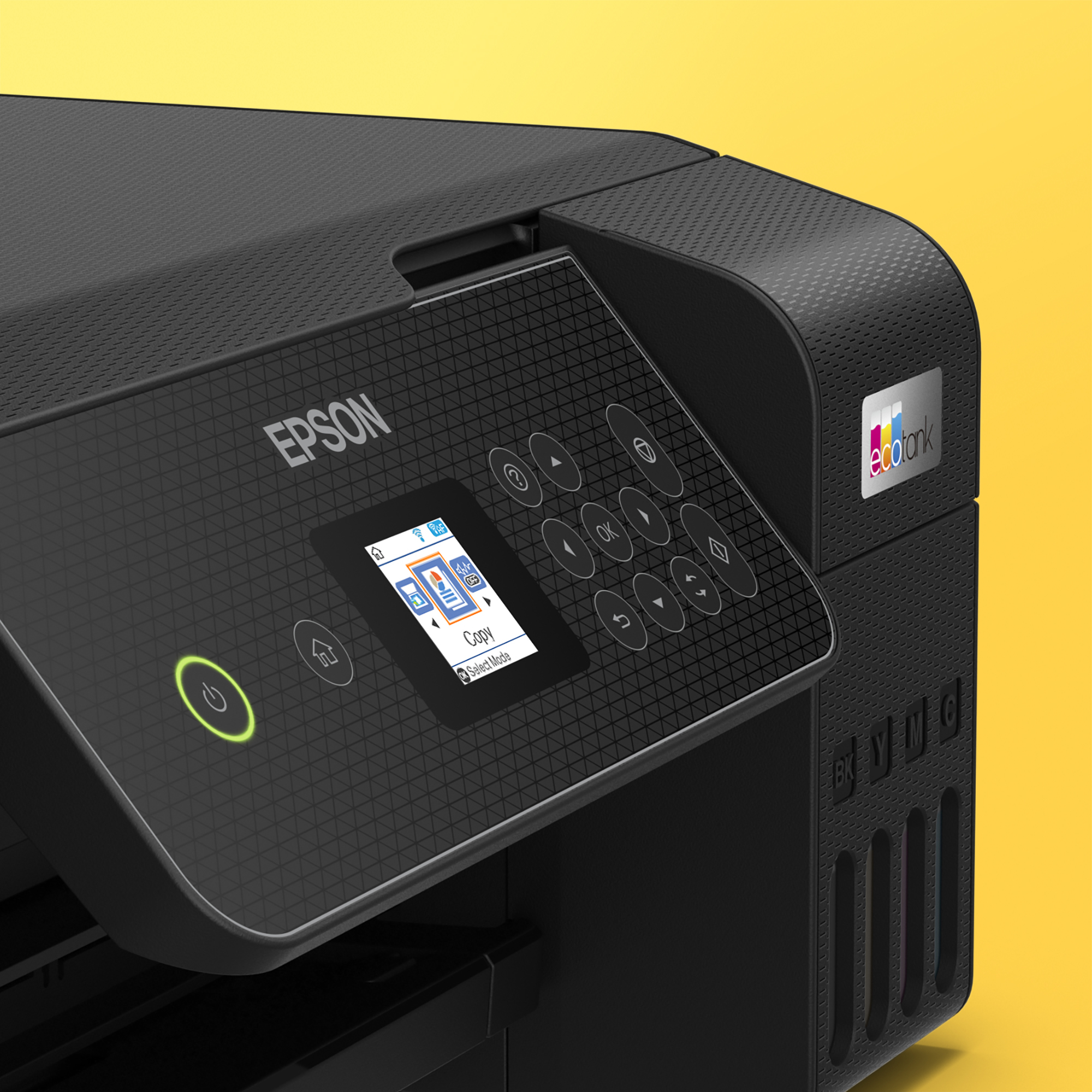 Fekete Epson nyomtató kis kijelzővel és vezérlőgombokkal. Sárga háttér. EcoTank logó látható.