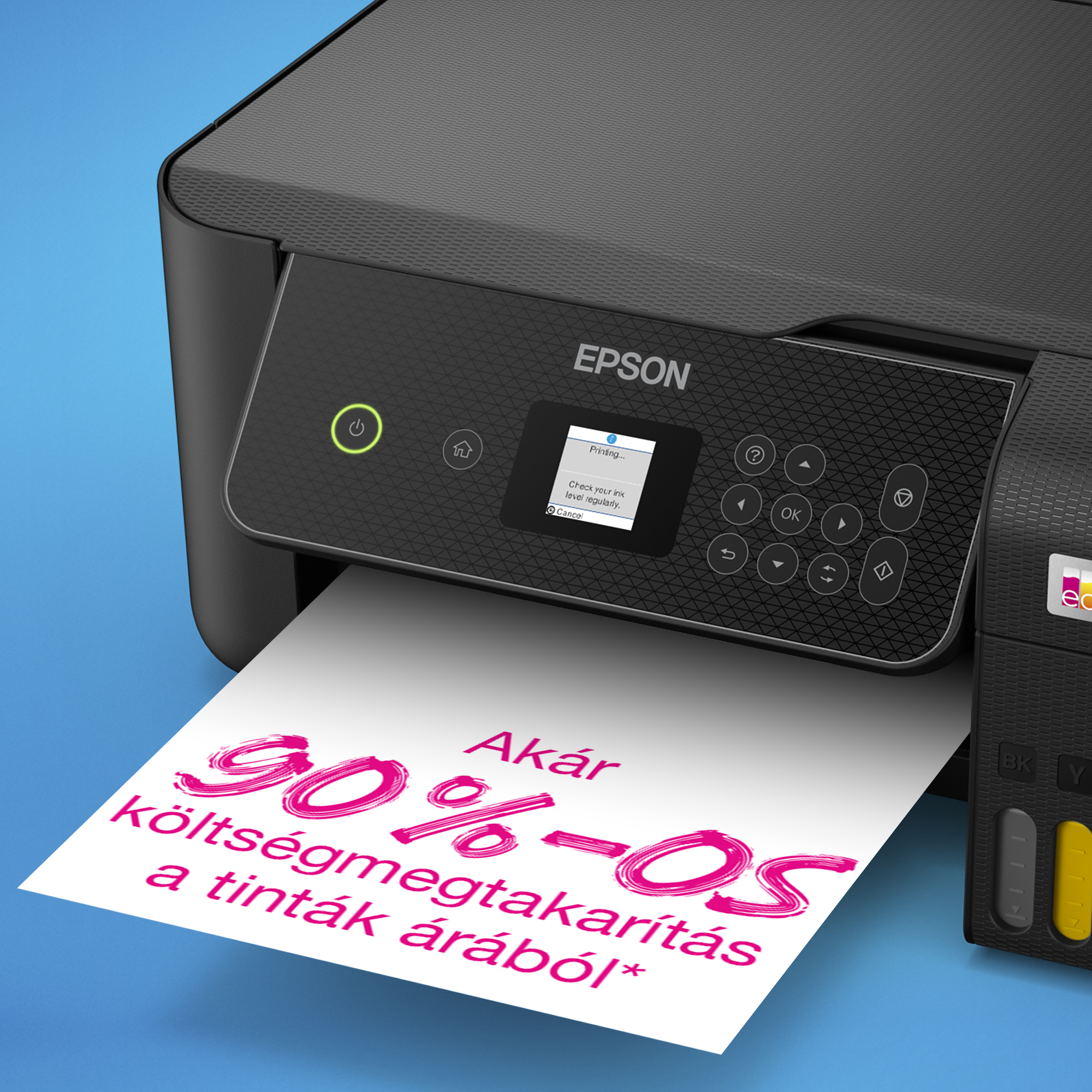 Egy Epson nyomtató, amelyen magyar nyelvű szöveg látható, és egy képernyő, amely a 'Nyomtatás...' feliratot jeleníti meg.