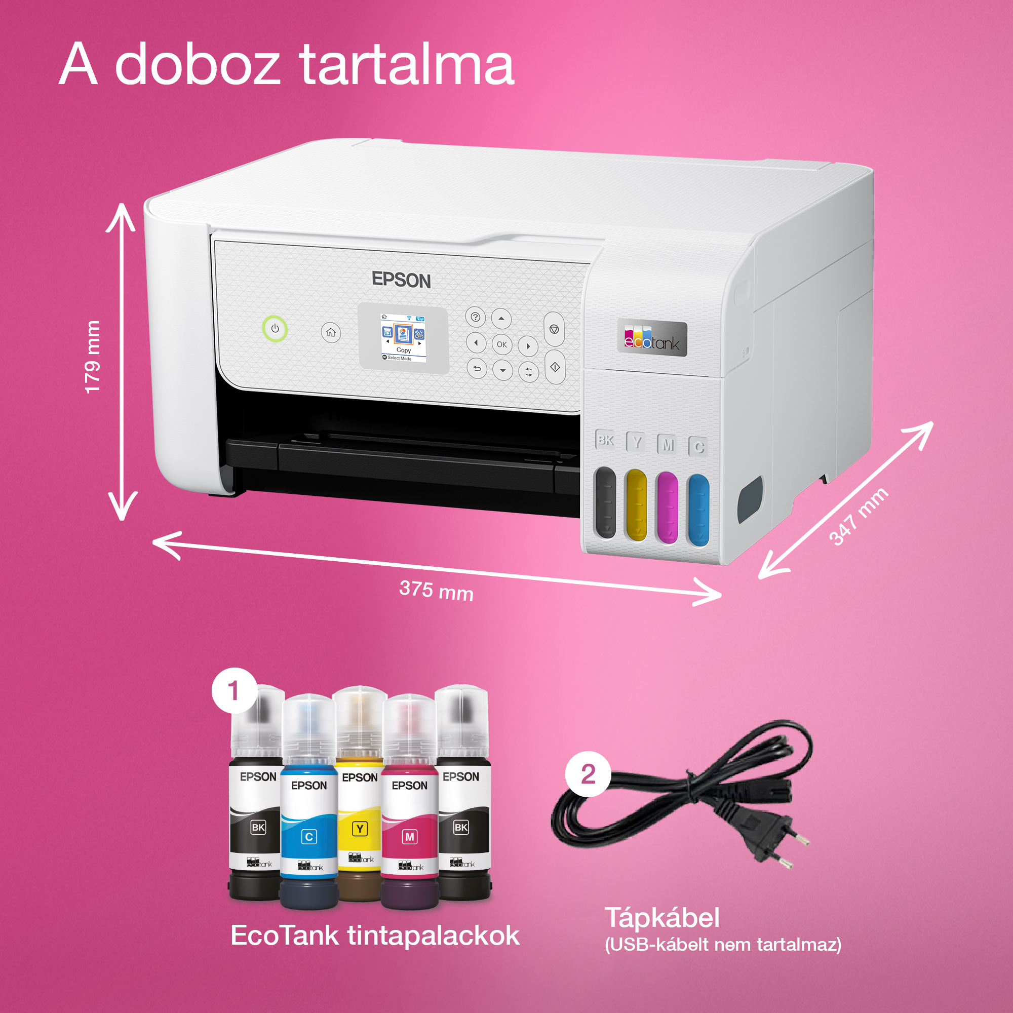 Egy fehér Epson EcoTank nyomtató tintapalackokkal és tápkábellel rózsaszín háttéren. Méretek jelölve.