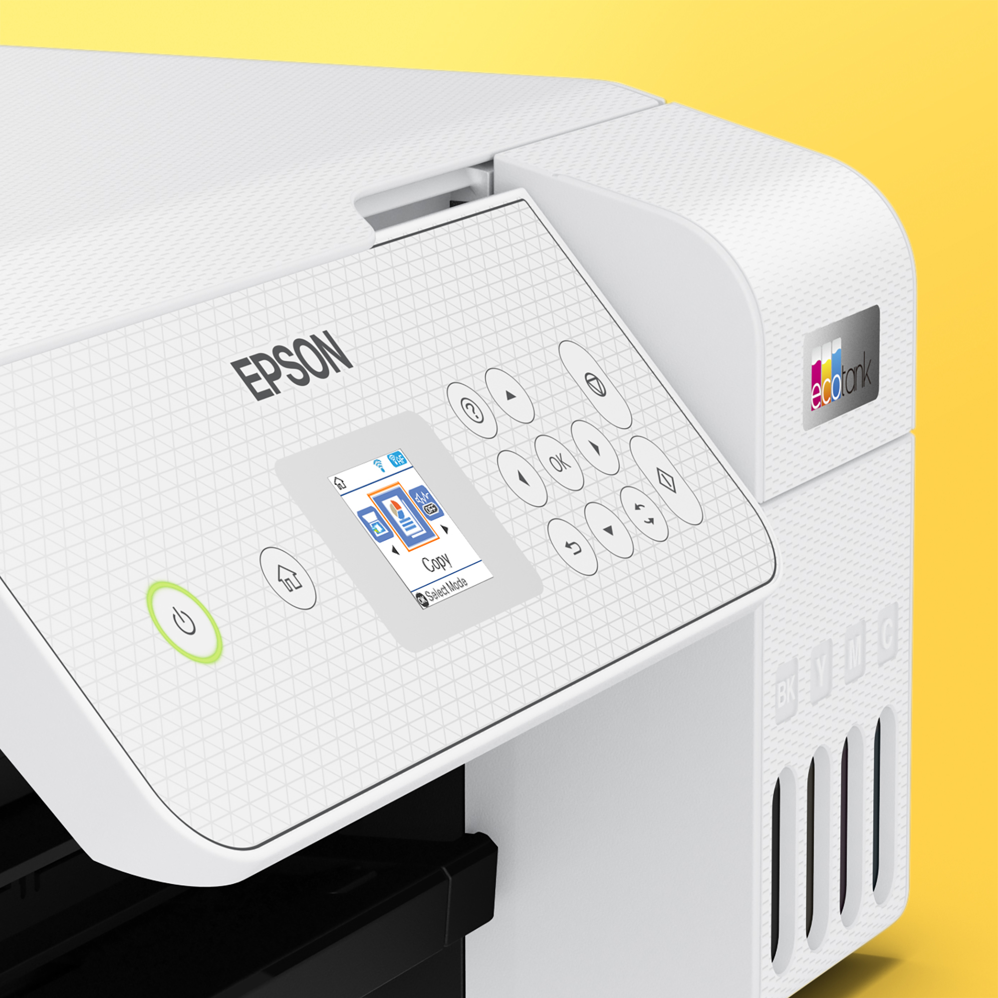Egy fehér Epson nyomtató vezérlőpanellel. A panelen gombok és egy képernyő látható, amely másolási lehetőségeket jelenít meg. Sárga háttér.