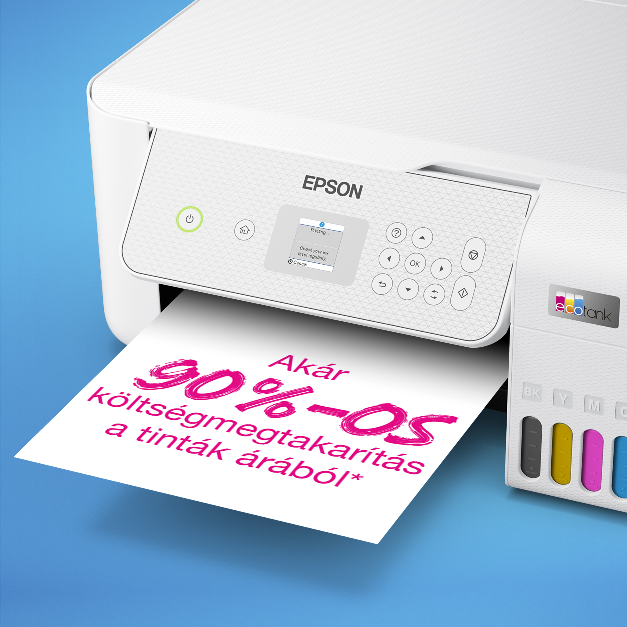 Fehér Epson nyomtató, amely 90%-os tintaköltség-megtakarítást mutat. Kék háttér.