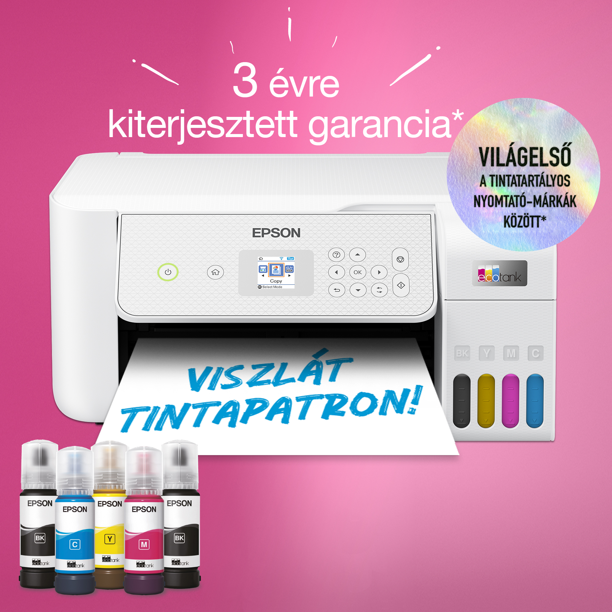 Egy Epson nyomtató tintapalackokkal előtte. A nyomtatón és a háttérben magyar nyelvű szöveg. A papíron a 'Viszlát tintapatron!' felirat látható.