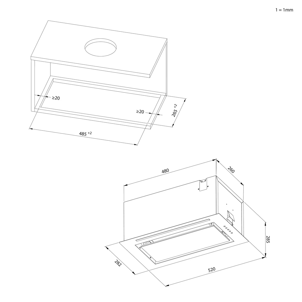 A konyhai páraelszívó méreteit mutató diagramok. Felülnézet: téglalap alakú doboz kerek lyukkal. Alulnézet: Elszívó mérésekkel.