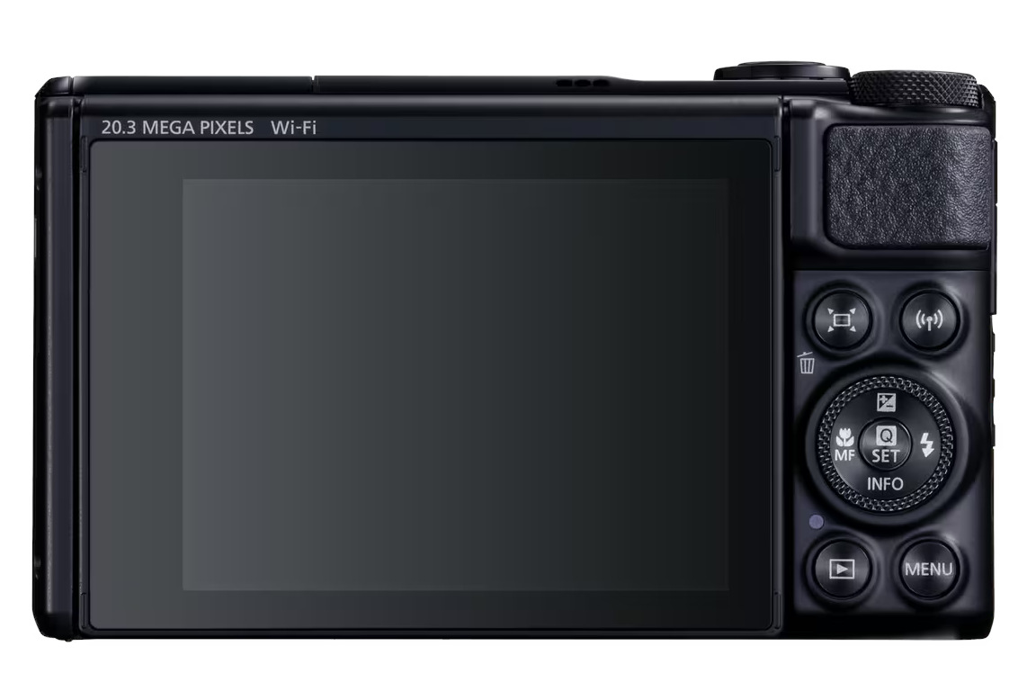 Czarny aparat cyfrowy z tyłu. Posiada duży ekran, przyciski i pokrętło sterowania. Wyświetla '20.3 MEGA PIXELS Wi-Fi'.