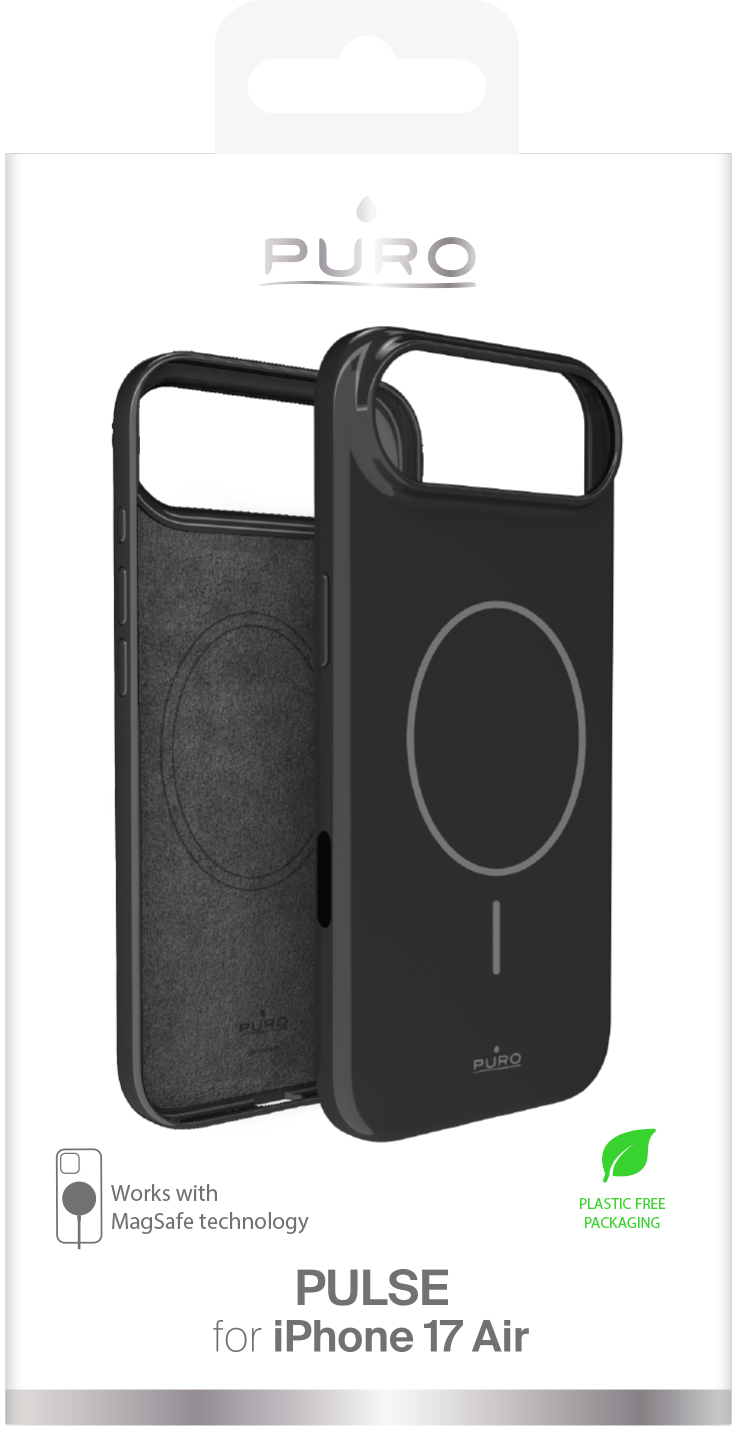 Czarne etui na telefon z technologią MagSafe. Etui jest przeznaczone do iPhone'a 17 Air, z widoczną marką PURO.