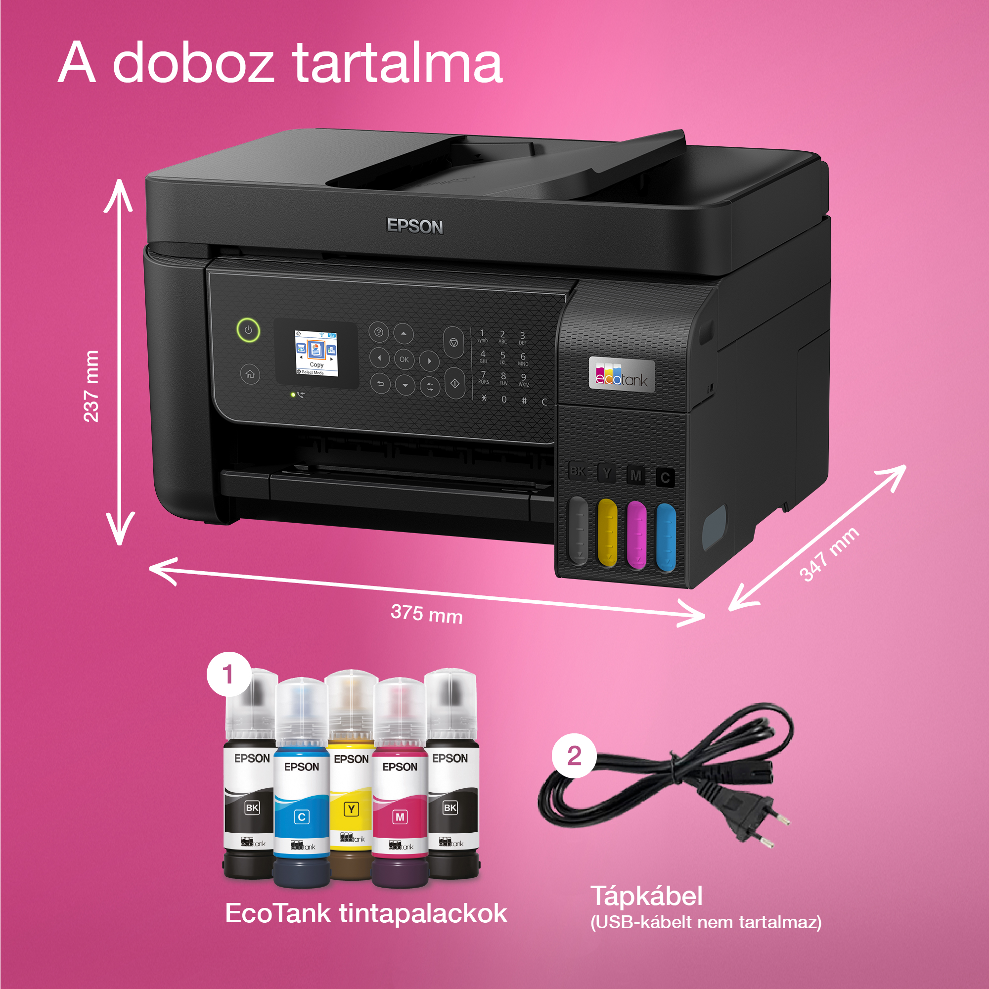 Egy Epson nyomtató tintapalackokkal és tápkábellel. A nyomtató méretei és a tintaszínek láthatók. Rózsaszín háttér.