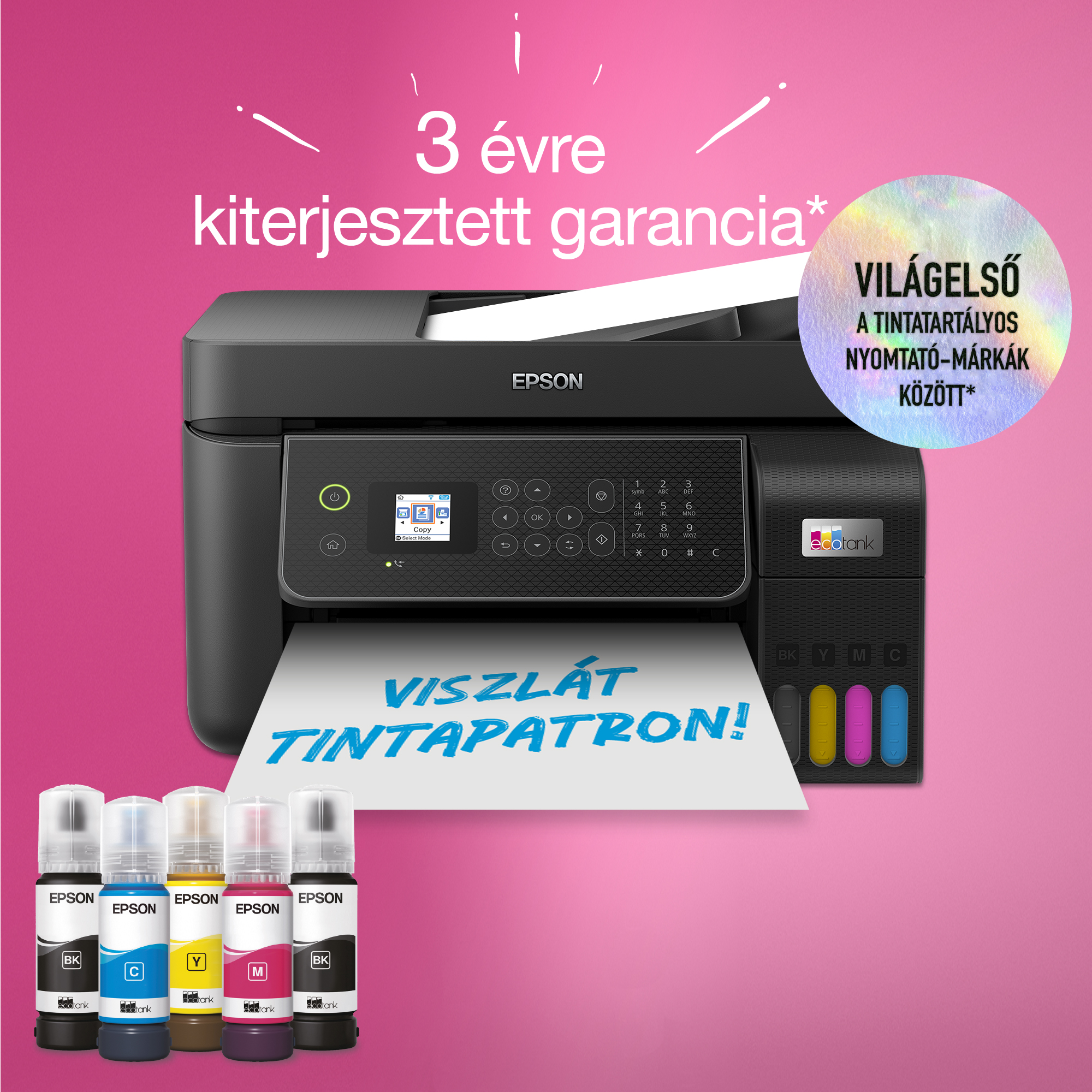 Epson nyomtató tintásüvegekkel. Szöveg: '3 év kiterjesztett garancia' és 'Viszlát tintapatron!'