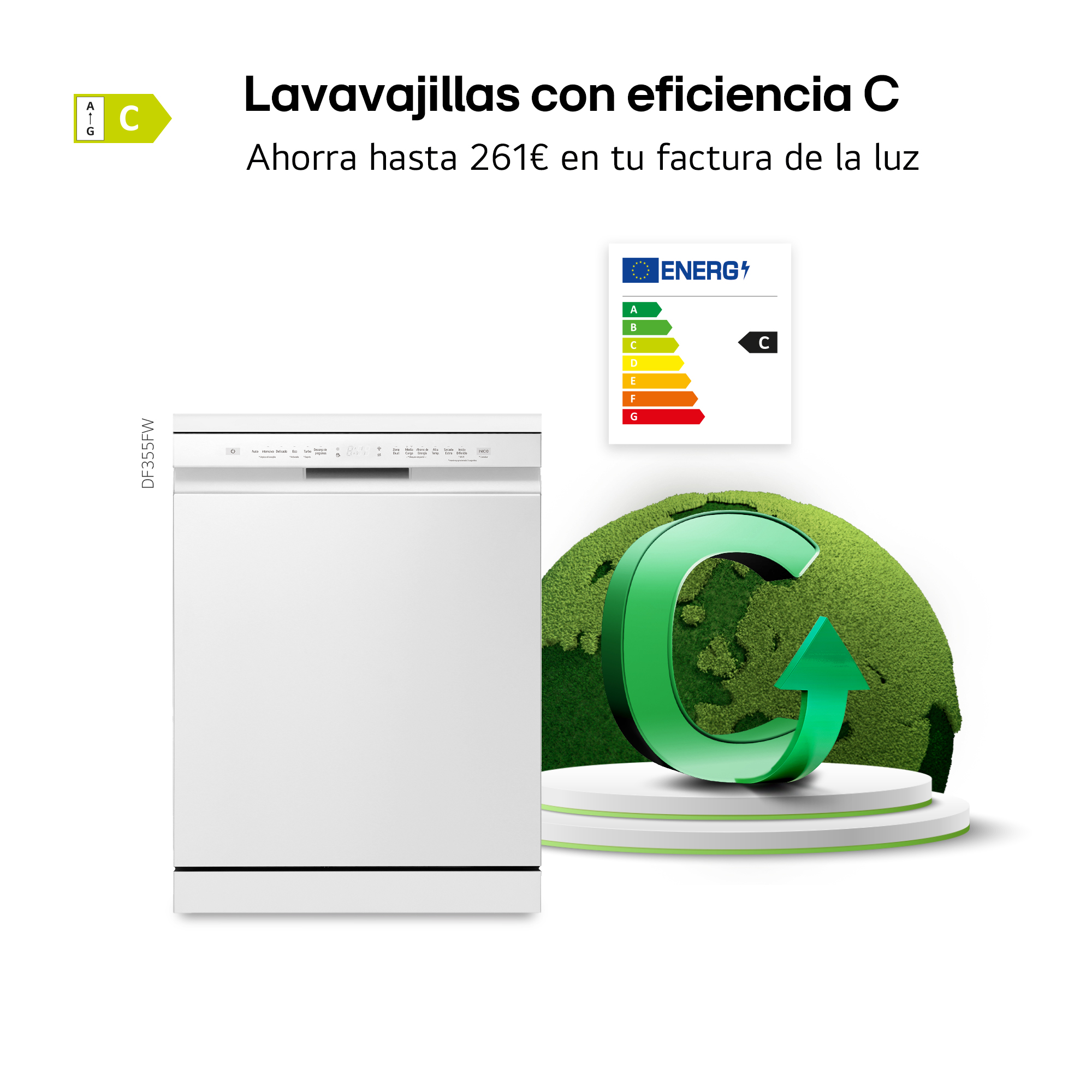 Lavavajillas con eficiencia C. Ahorra hasta 261€ en tu factura de la luz. Lavavajillas blanco con icono de etiqueta energética C y globo verde.