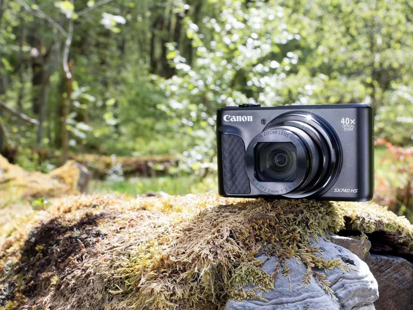 Aparat Canon na mchu. Zielone liście w tle. Aparat czarny z obiektywem. Otoczenie sugeruje las.