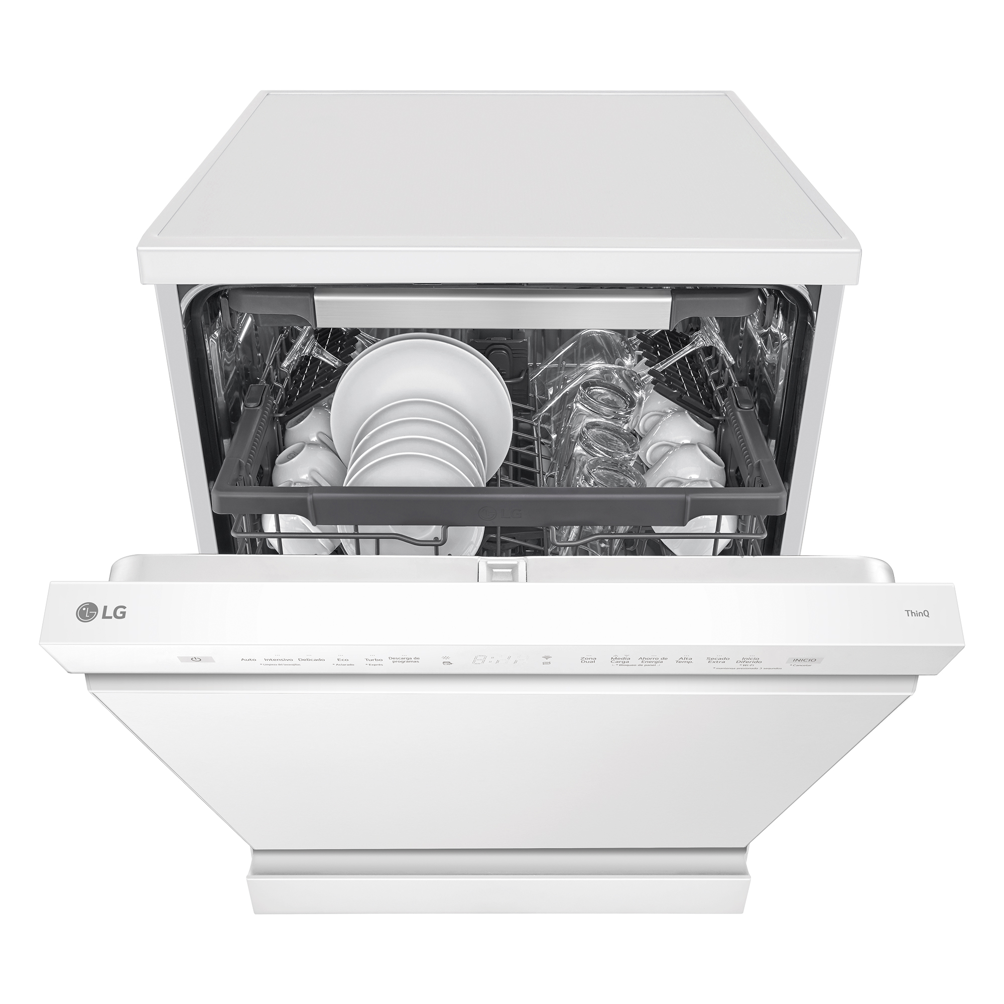 Un lavavajillas LG blanco con la puerta abierta, mostrando platos y vasos dentro. Panel de control abajo.
