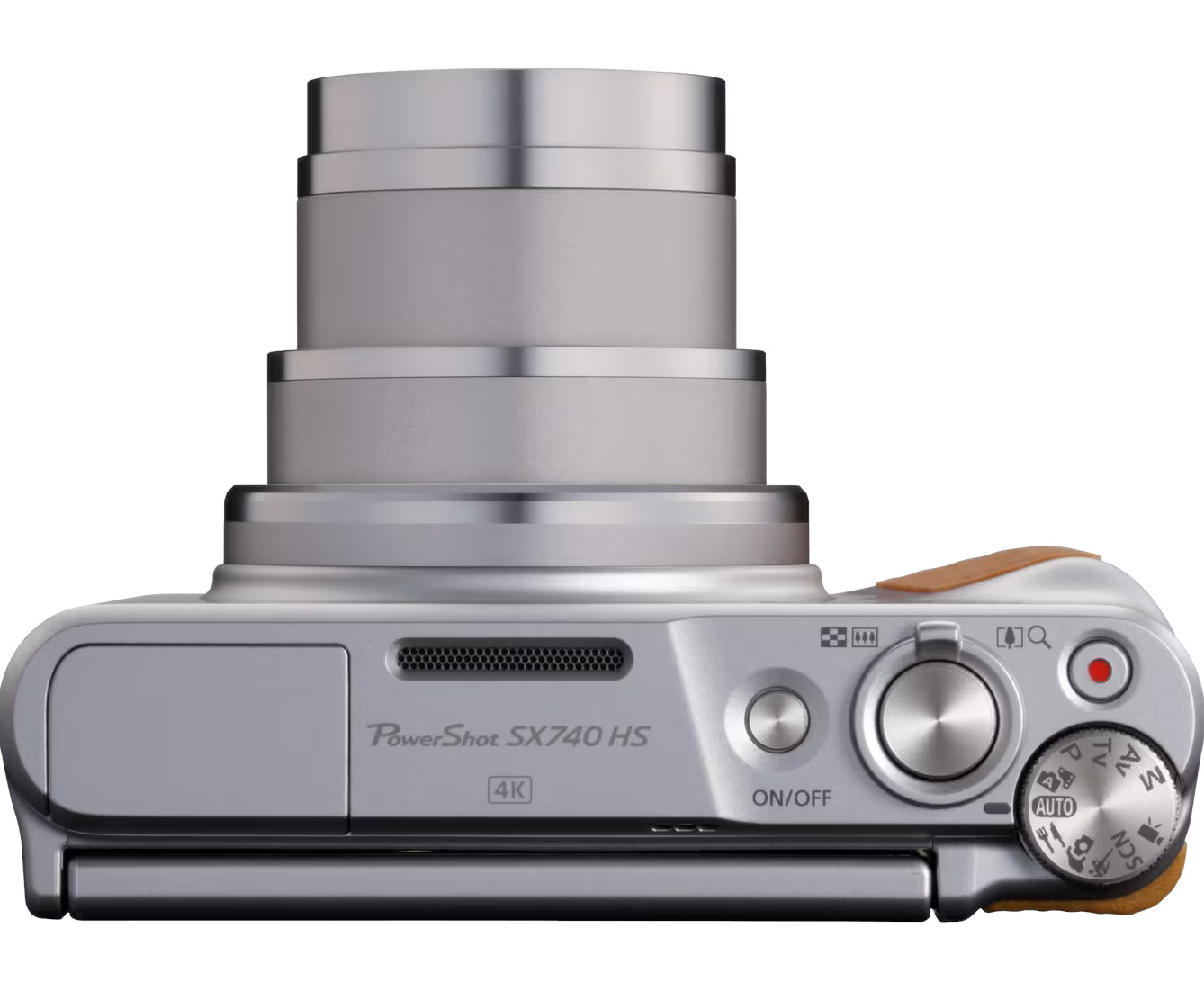 Srebrny aparat Canon PowerShot SX740 HS, widok z góry. Cechy: obiektyw, pokrętło trybu, przycisk włączania/wyłączania i oznaczenie 4K.