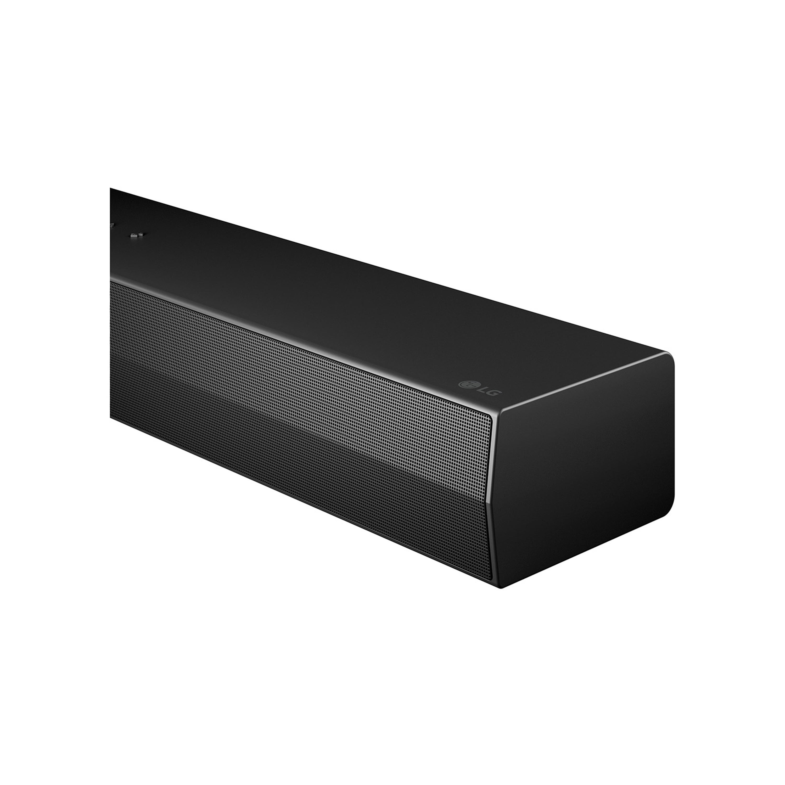 Soundbar nera con parte anteriore a rete e logo LG. Vista angolata su sfondo bianco. La soundbar è moderna.