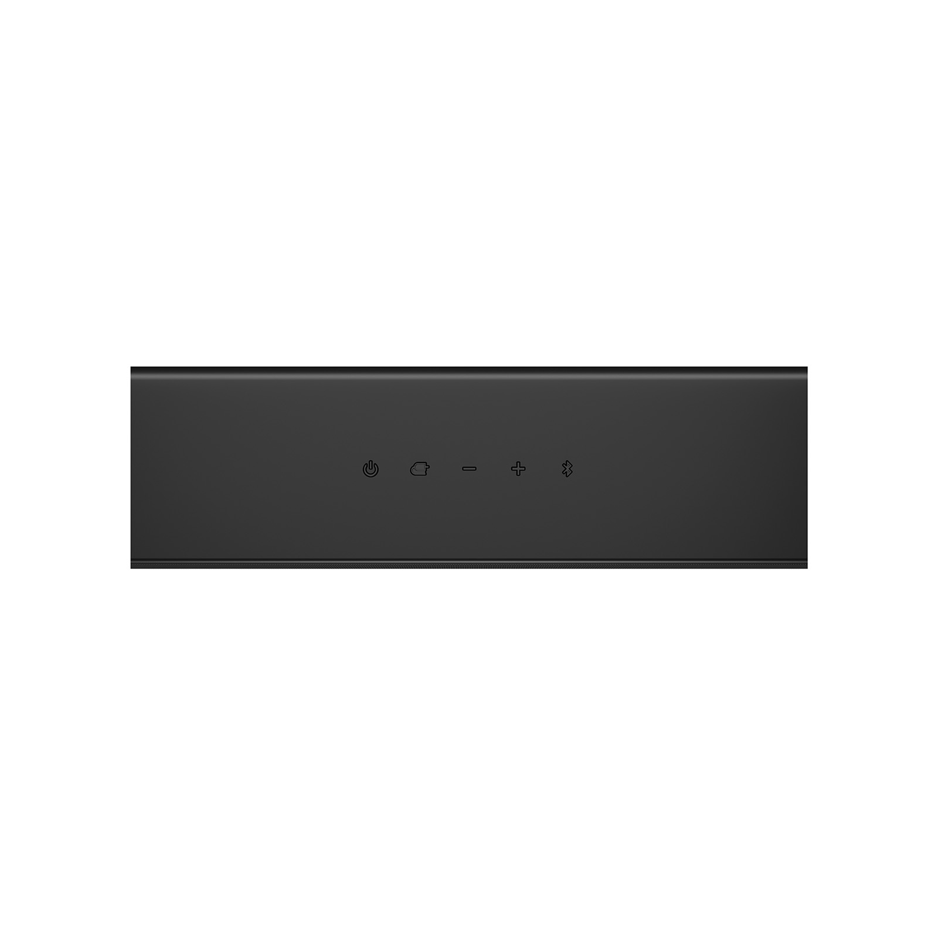 Soundbar nera con pulsanti di accensione, volume e Bluetooth, su sfondo bianco.