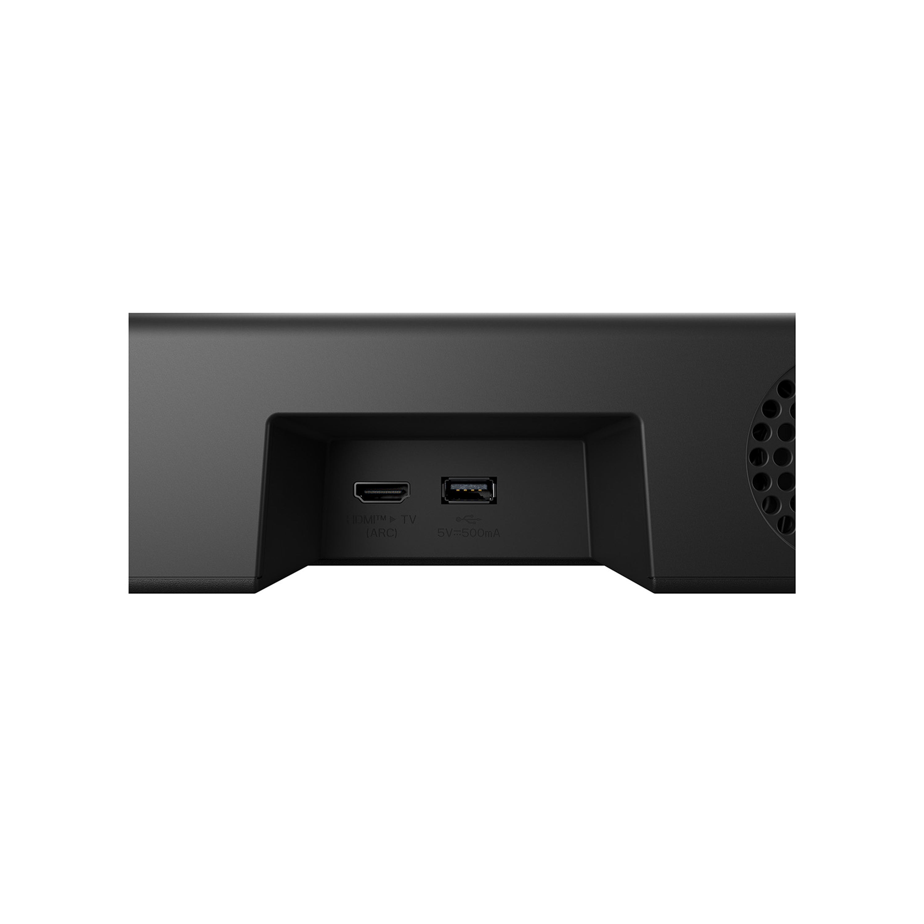 Dispositivo nero con porte HDMI e USB. Il dispositivo ha una griglia per altoparlanti laterale. Sfondo bianco.