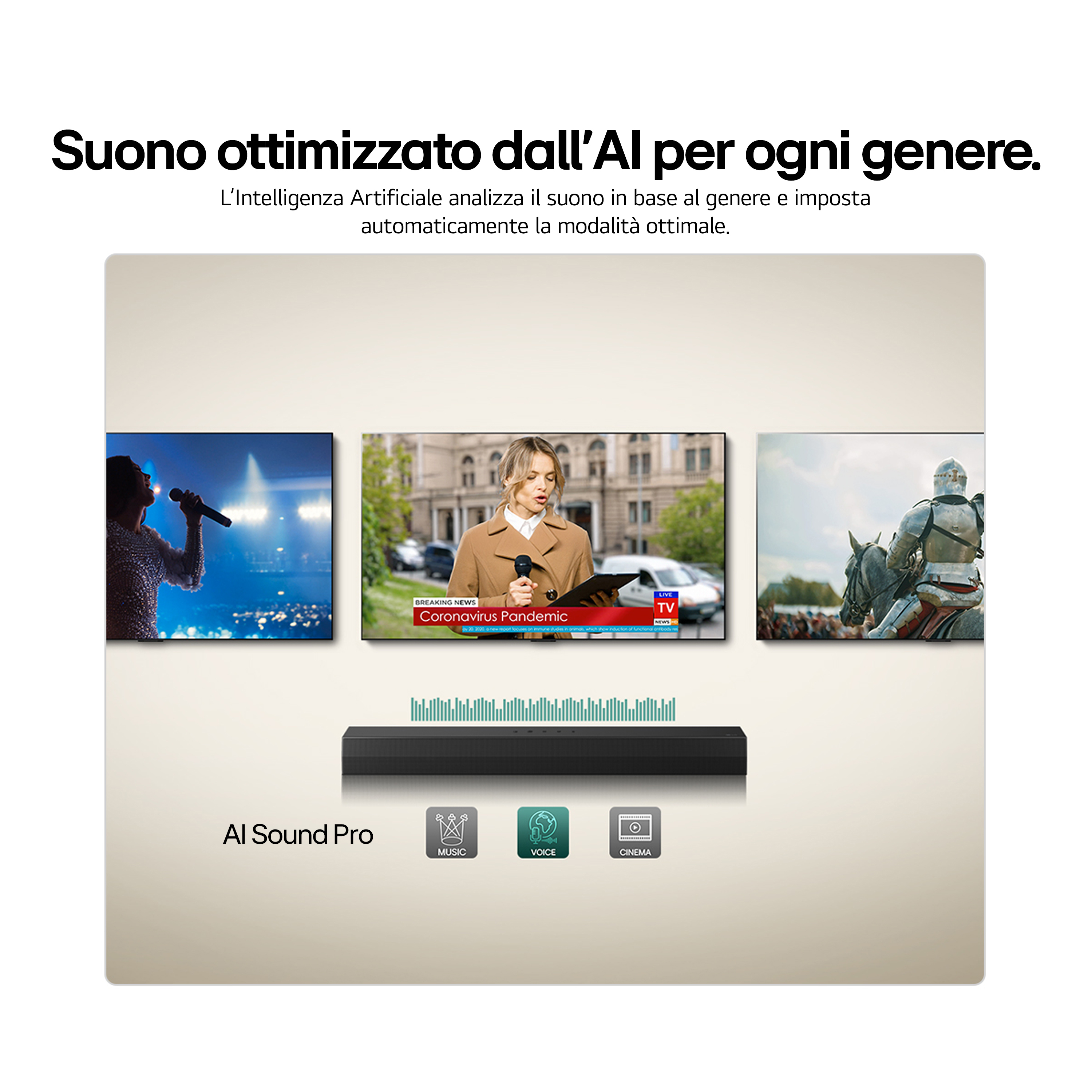 L'immagine mostra una soundbar con tre schermi. Gli schermi mostrano un cantante, un giornalista e un cavaliere.