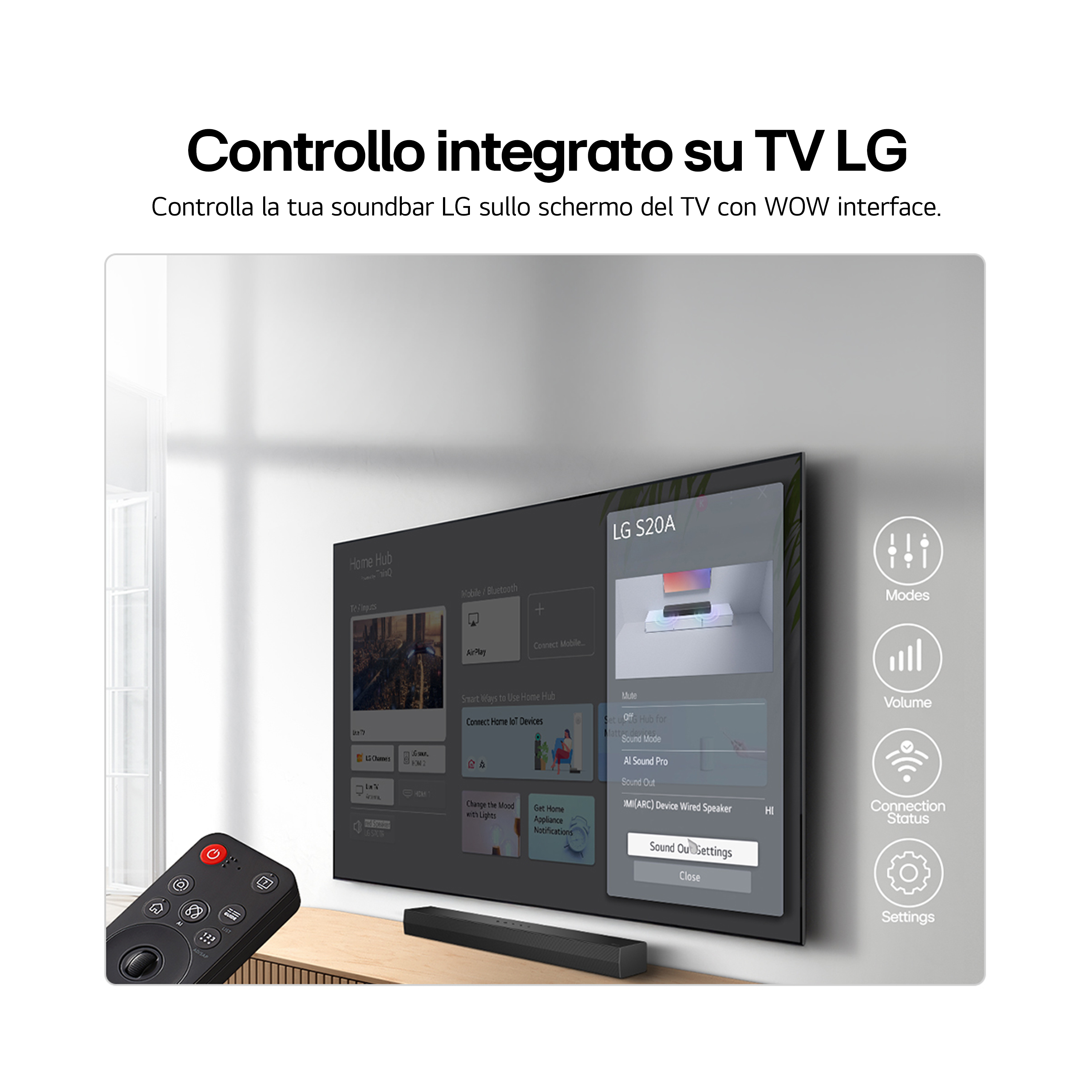 Lo schermo del televisore mostra le impostazioni della soundbar. Un telecomando è in primo piano. La scena è in una stanza.