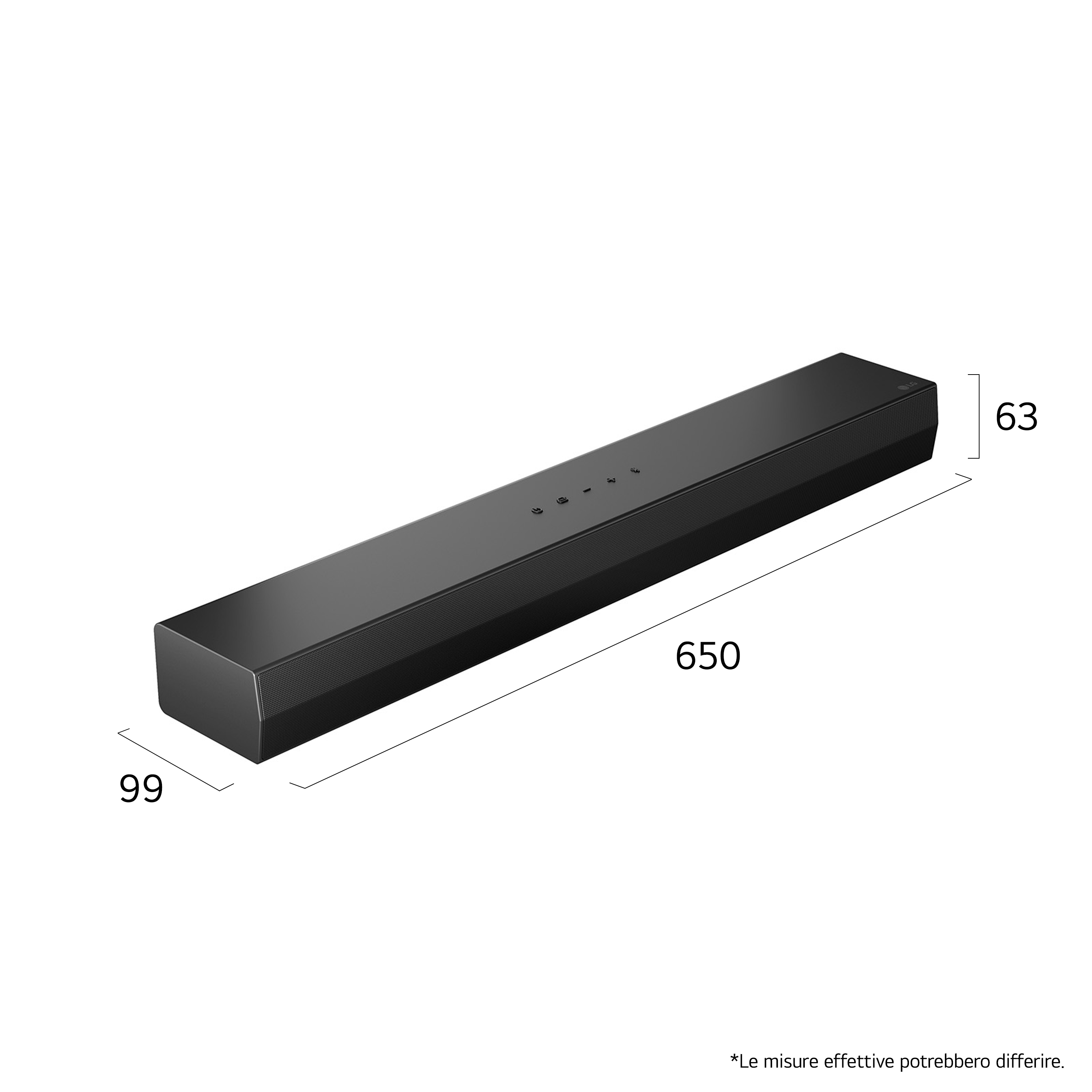 Una soundbar nera con dimensioni: 650 mm di lunghezza, 99 mm di larghezza e 63 mm di altezza. Pulsanti.