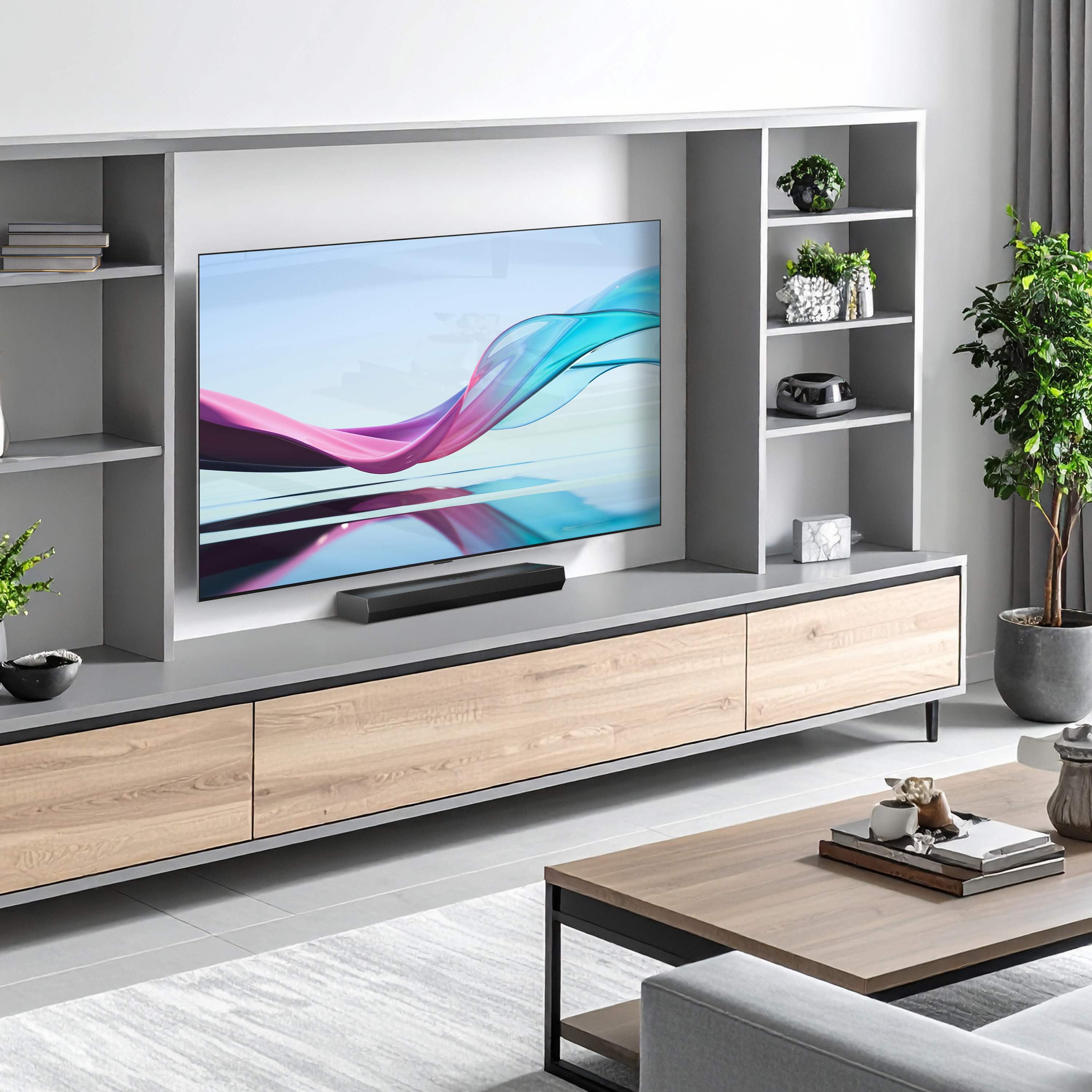 Soggiorno con TV con arte astratta, soundbar, mobile in legno e piante verdi.