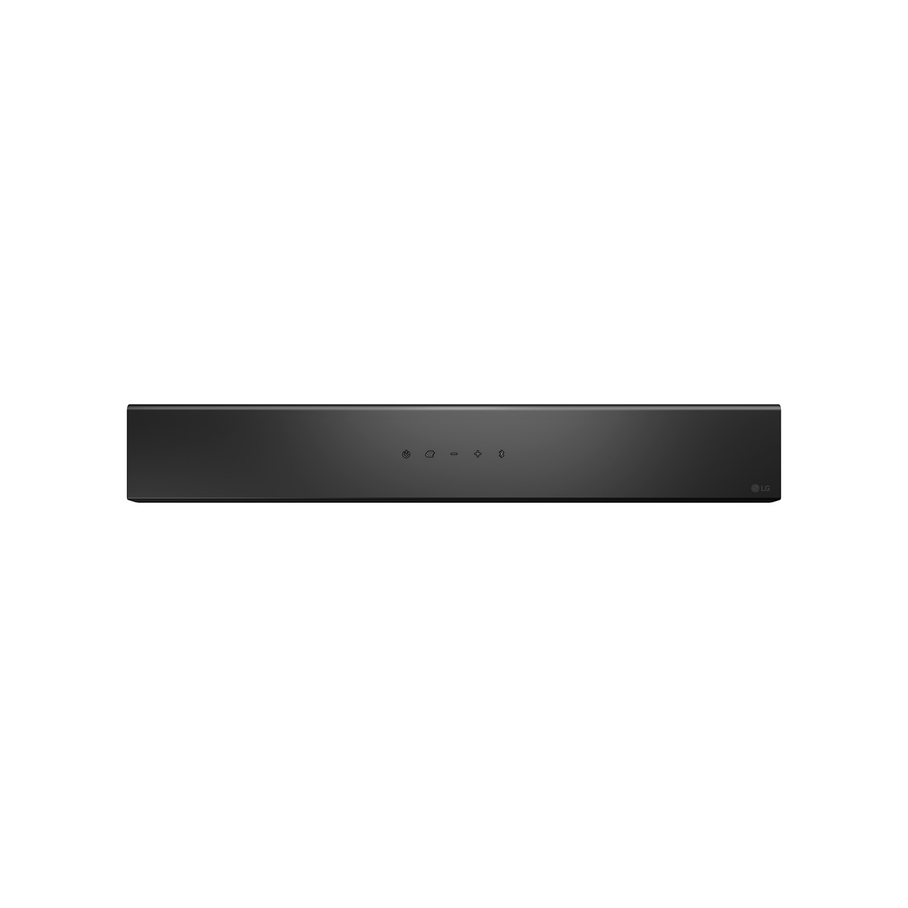Una soundbar nera con pulsanti di controllo è centrata su sfondo bianco. Il logo LG è a destra.