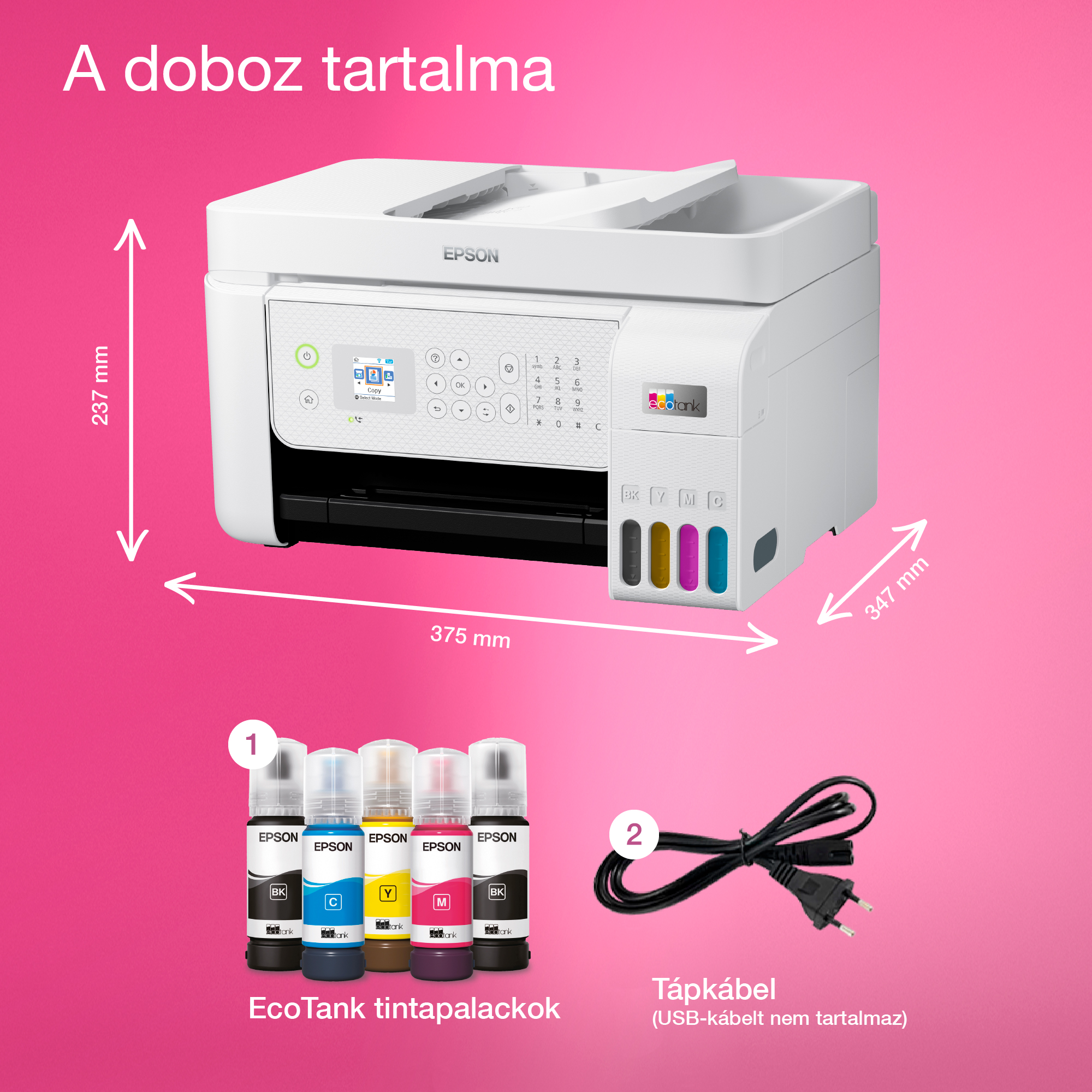 Epson nyomtató tintapalackokkal és tápkábellel rózsaszín háttérben. Méretek láthatók.