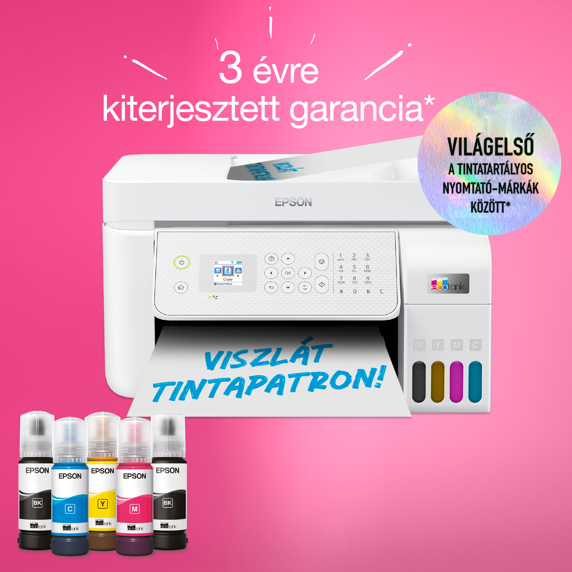 Egy fehér Epson nyomtató tintapalackokkal rózsaszín háttér előtt. A szöveg 3 év garanciát és tartályos nyomtatókat hirdet.