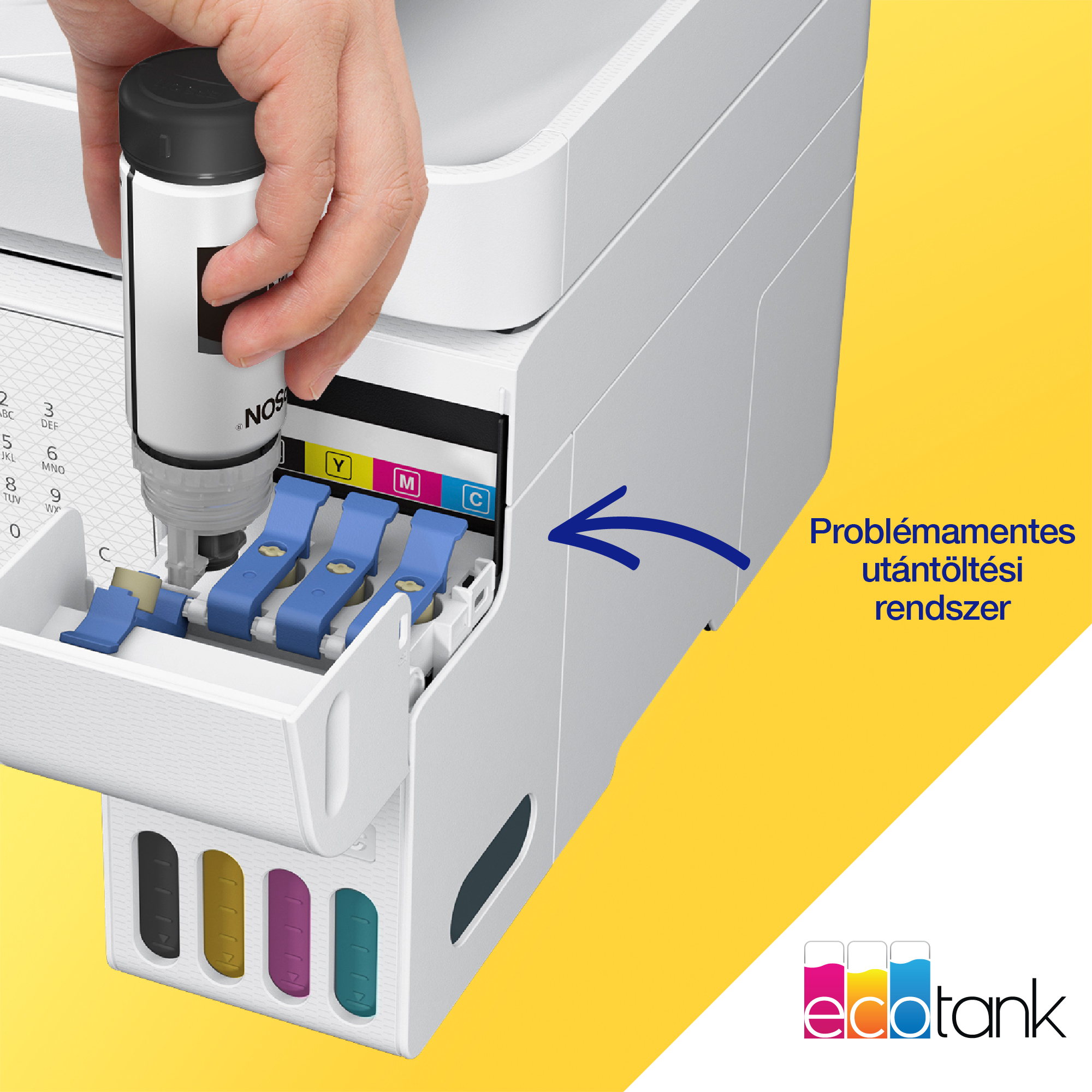 Egy kéz Epson nyomtatót tölt tintával. A nyomtató fehér. Sárga, magenta és cián tintanyílások láthatók.