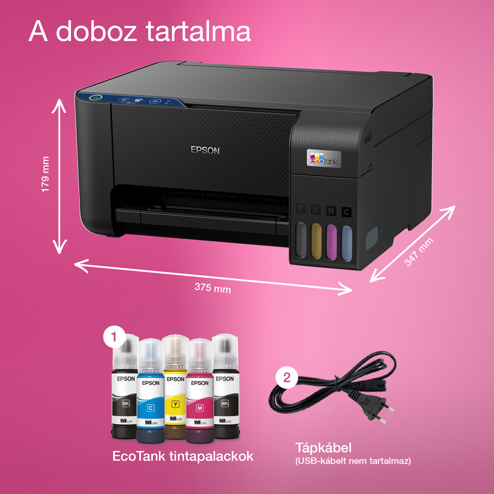 Epson nyomtató tintapalackokkal és tápkábellel rózsaszín háttéren. A nyomtató méretei láthatók.
